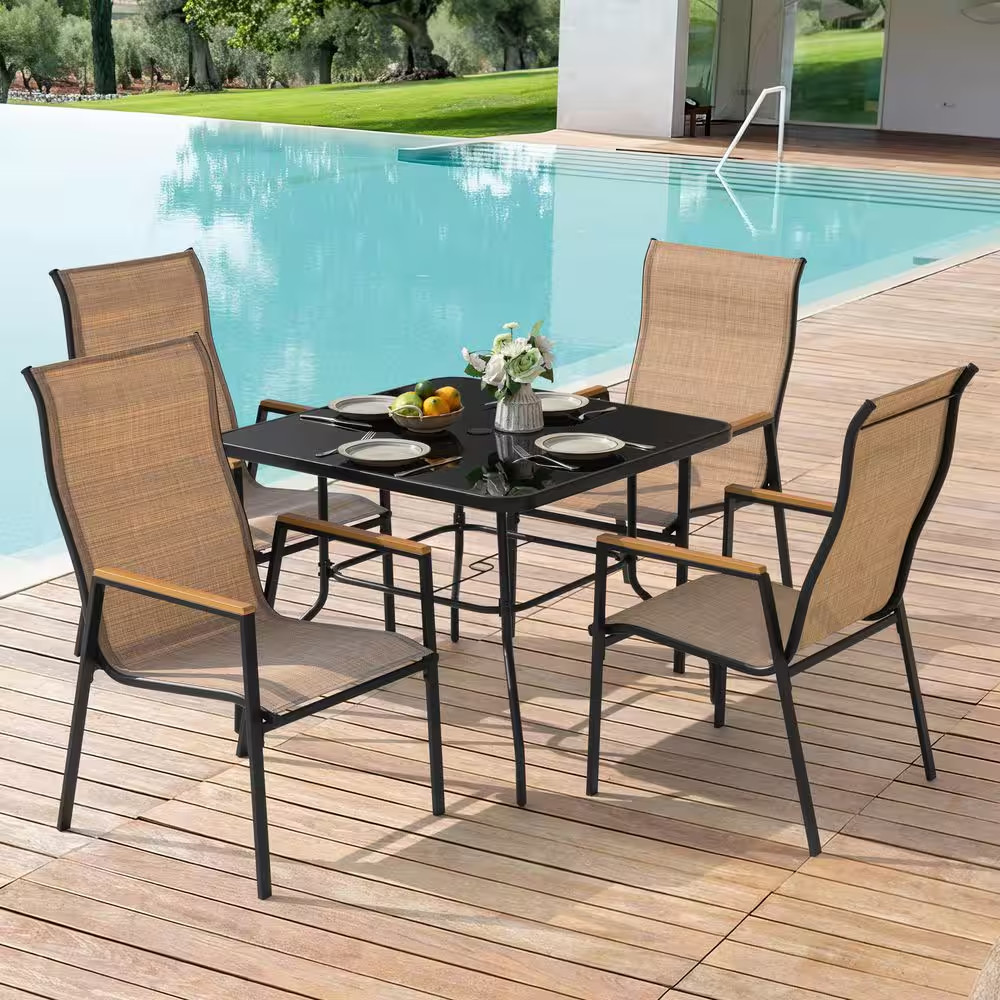 Black 5-Piece Textilene,Tempered Glass and Faux Wood Square Outdoor Dining Set w