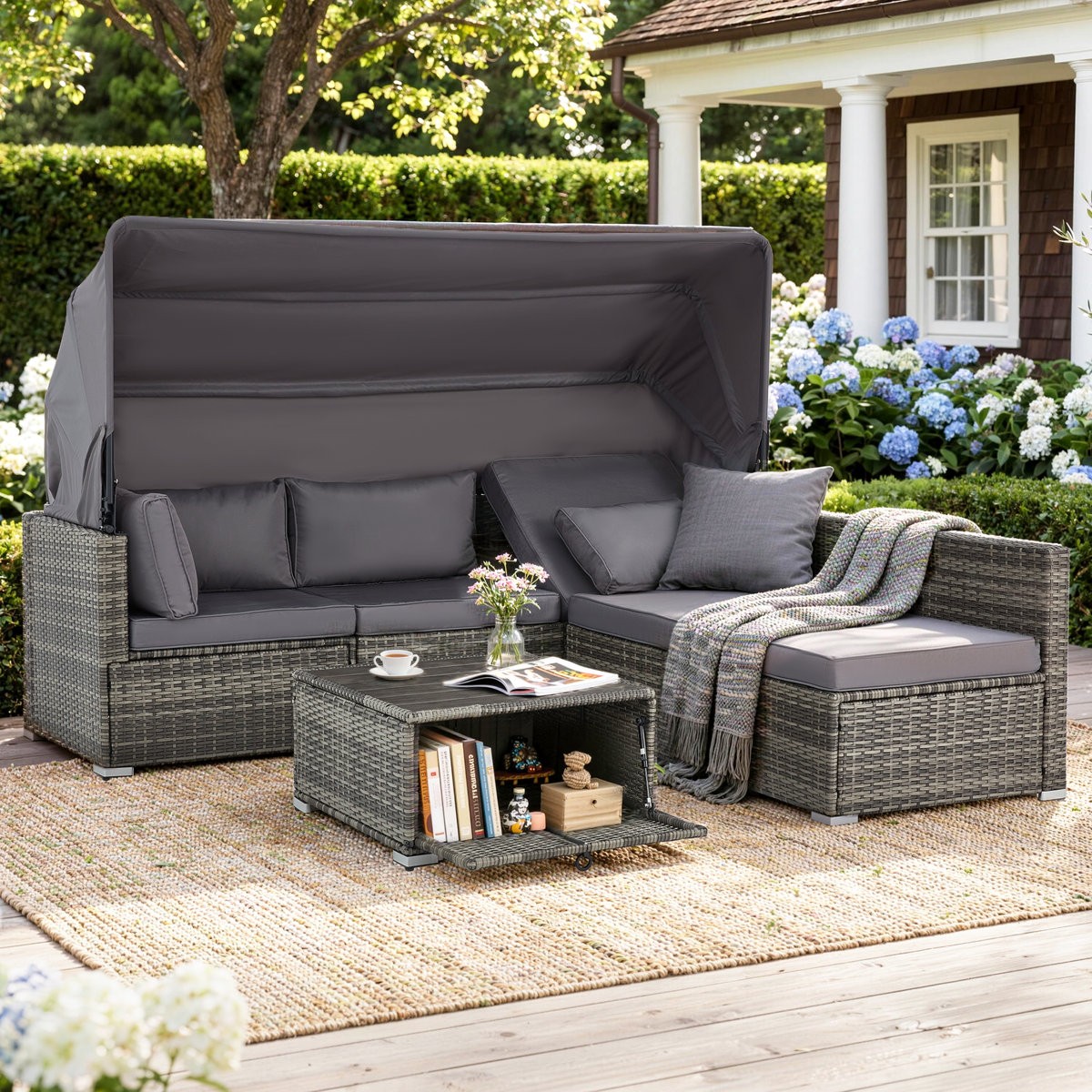 6 Piece Wicker Rattan Patio Furniture Set Retractable Canopy Sectional Sofa