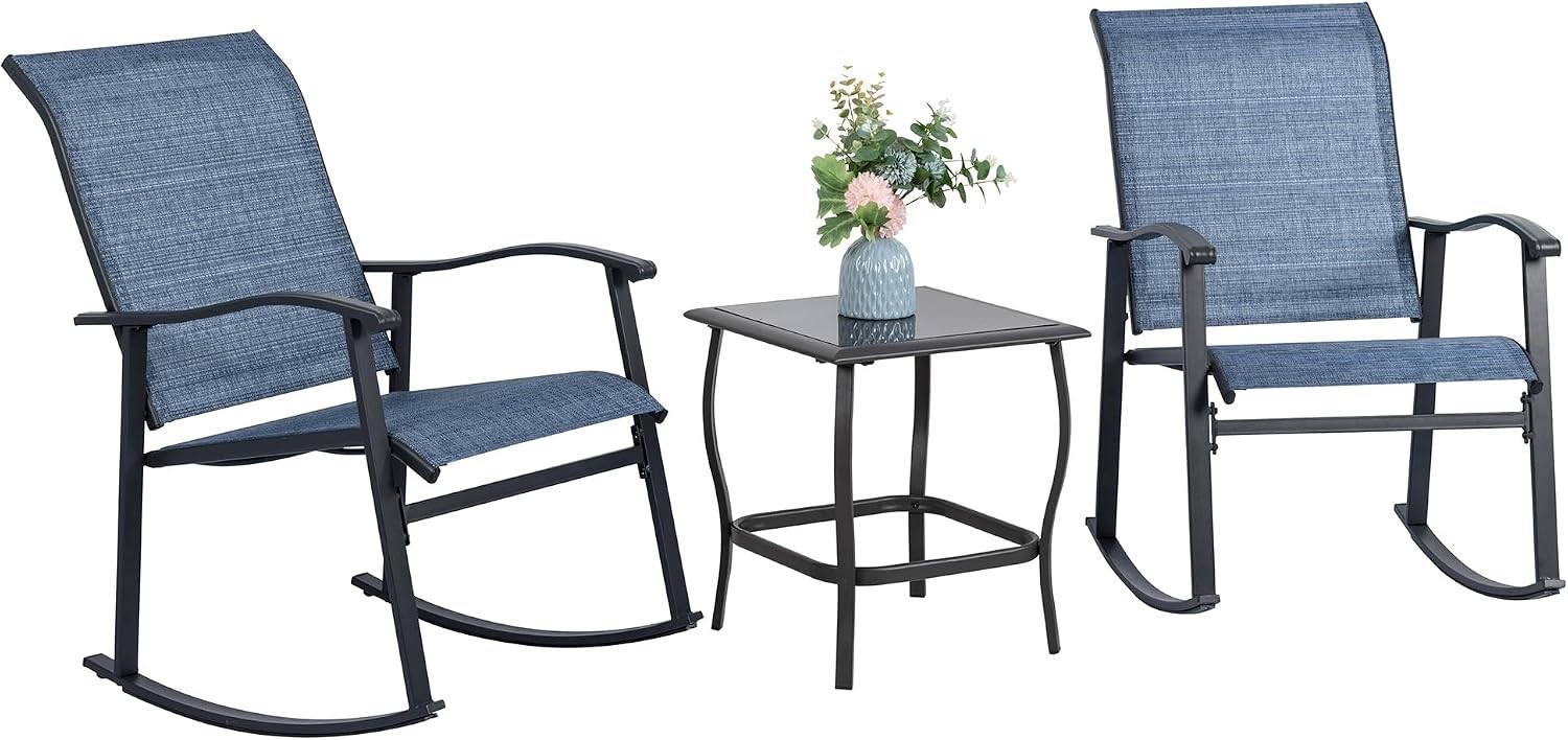 3 Piece Outdoor Rocking Bistro Set Textilene Fabric Small Patio Furniture Set