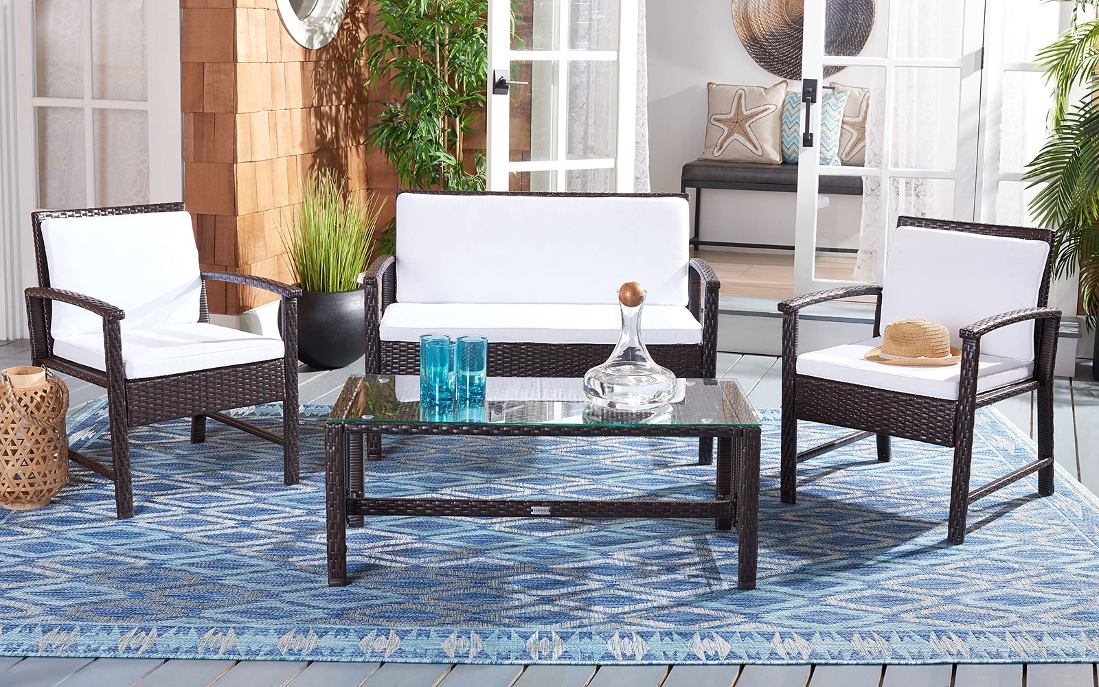 Outdoor Collection Krissy Wicker Cushion 4-Piece Living Set PAT7711C, Brown/W…