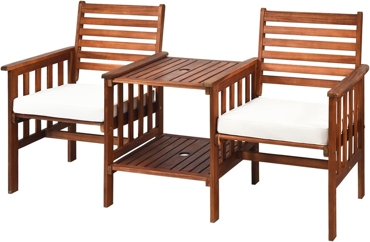 White Acacia Wood Loveseat Set with Cushions & Umbrella Hole – 3 Pcs