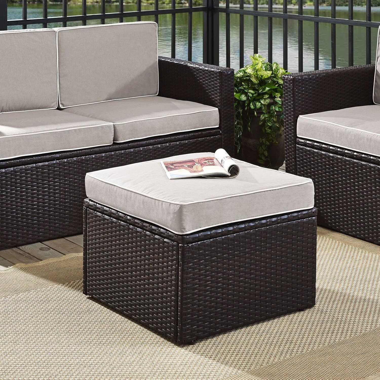 Brown Wicker Outdoor Ottoman with Gray Cushions for Patio & Porch