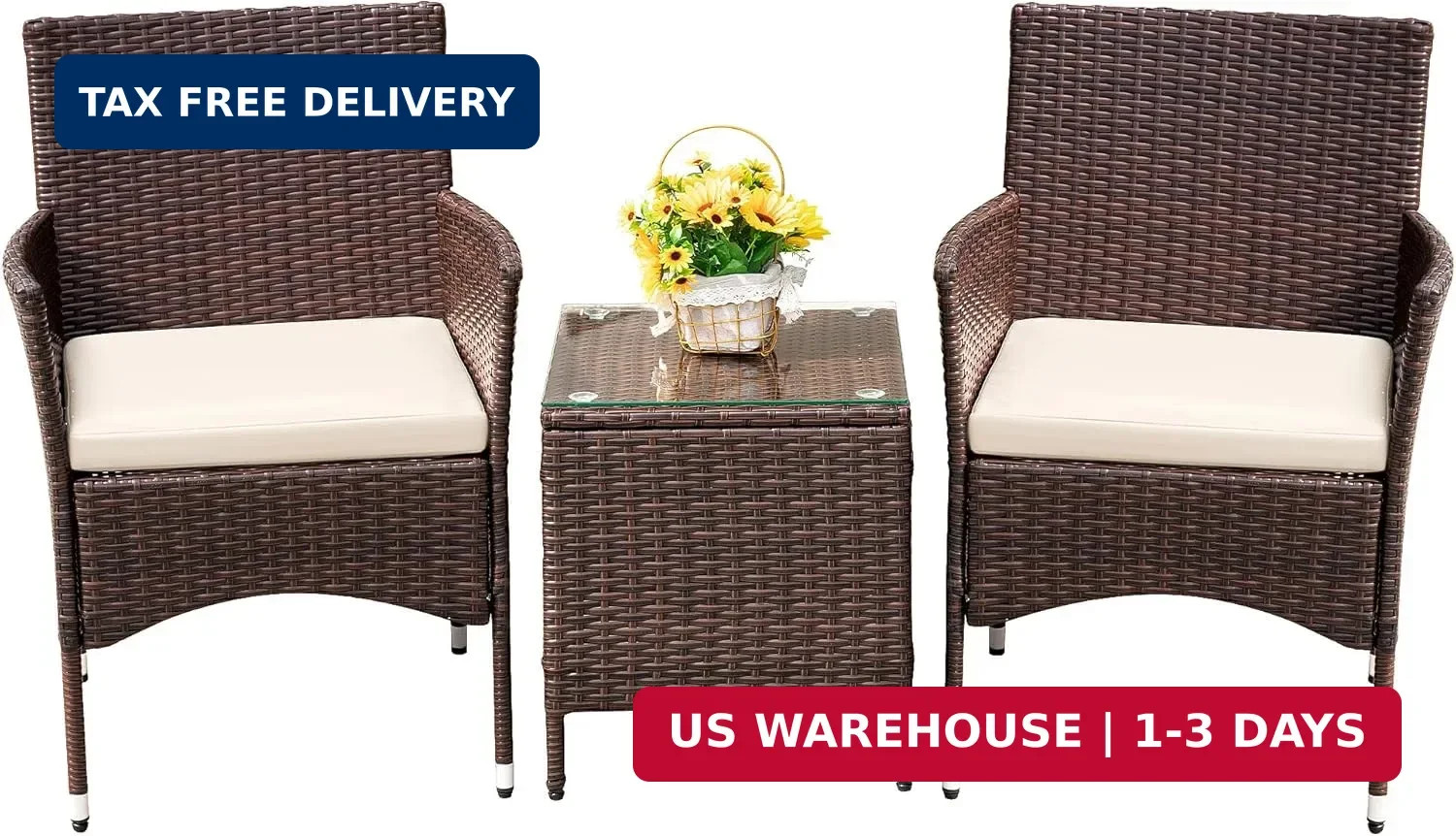 Patio Porch Furniture Sets 3 Pieces PE Rattan Wicker Chairs with Table Ou