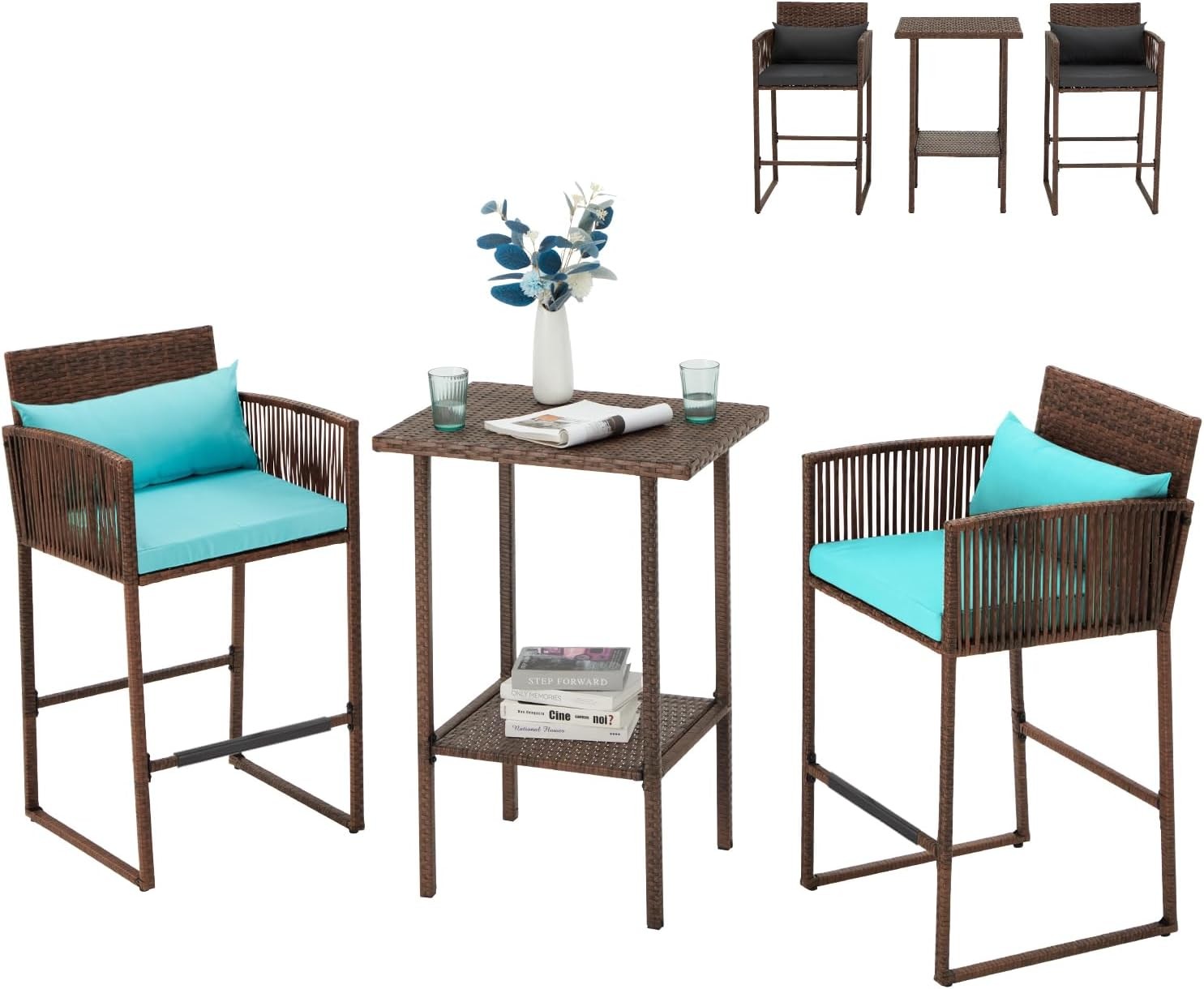 3 Piece Bistro Set Outdoor Wicker Bar Table & 2 Stools Counter Height Rattan