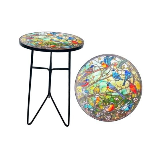 Outdoor Side Tea Table, Glass Plant Tables Indoor Decorative Metal Mosaic Birds