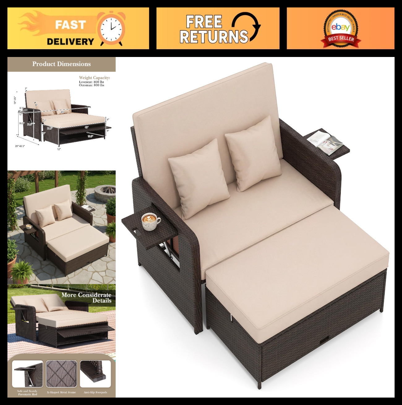 Adjustable Rattan Daybed with Storage Ottoman & Folding Tray – Outdoor Lounger f