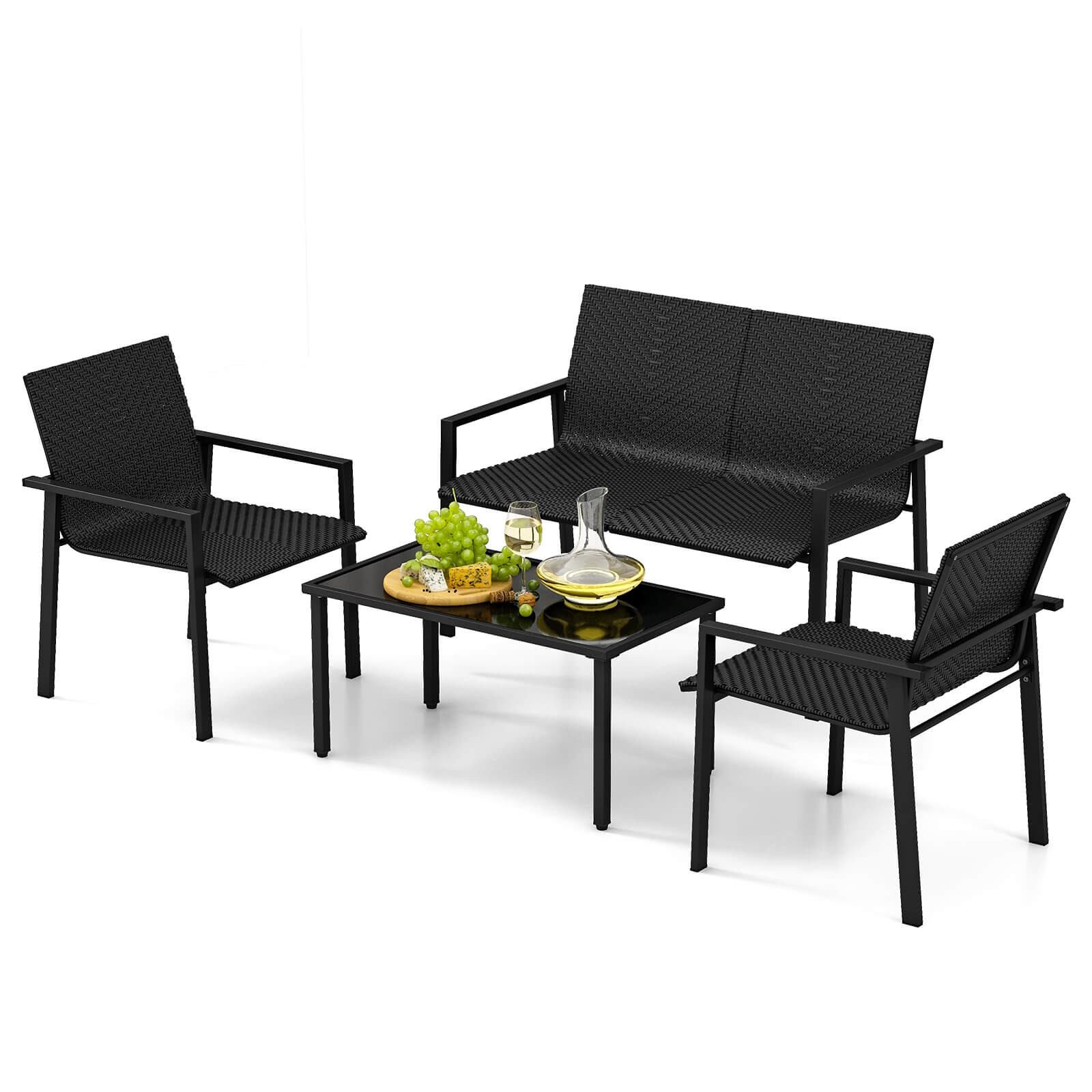 4 PCS Outdoor Wicker Patio Furniture Set w/ Heavy-Duty Galvanized Metal Frame
