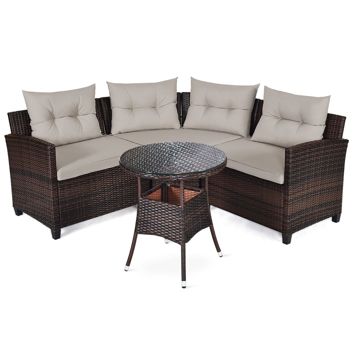 Patiojoy 4PCS Patio Rattan Furniture Set Poolside Cushioned Sofa Table Sectional