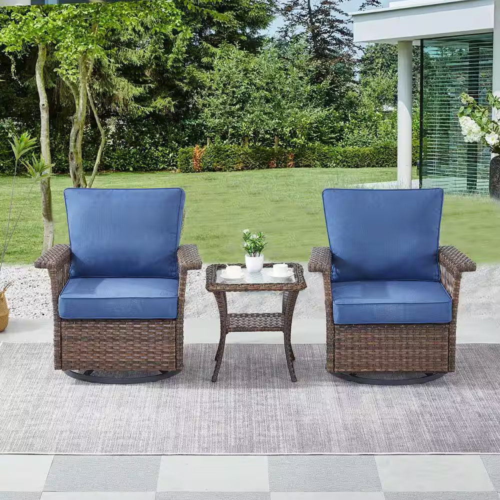 Stlouis Brown 3-Piece Wicker Patio Conversation Set with Blue Cushions