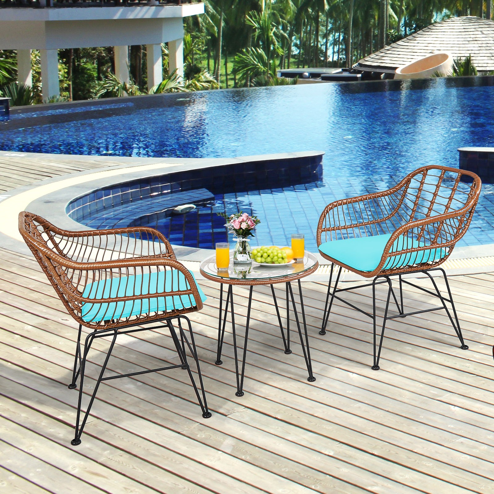 Patiojoy 3PCS Patio Rattan Bistro Set Coffee Table Armchair Turquoise Cushion