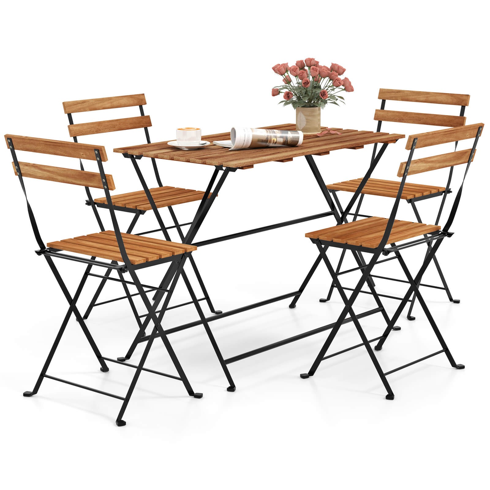 5 PCS Outdoor Acacia Wood Dining Set w/ 4 Folding Chairs Slatted Seat Tabletop