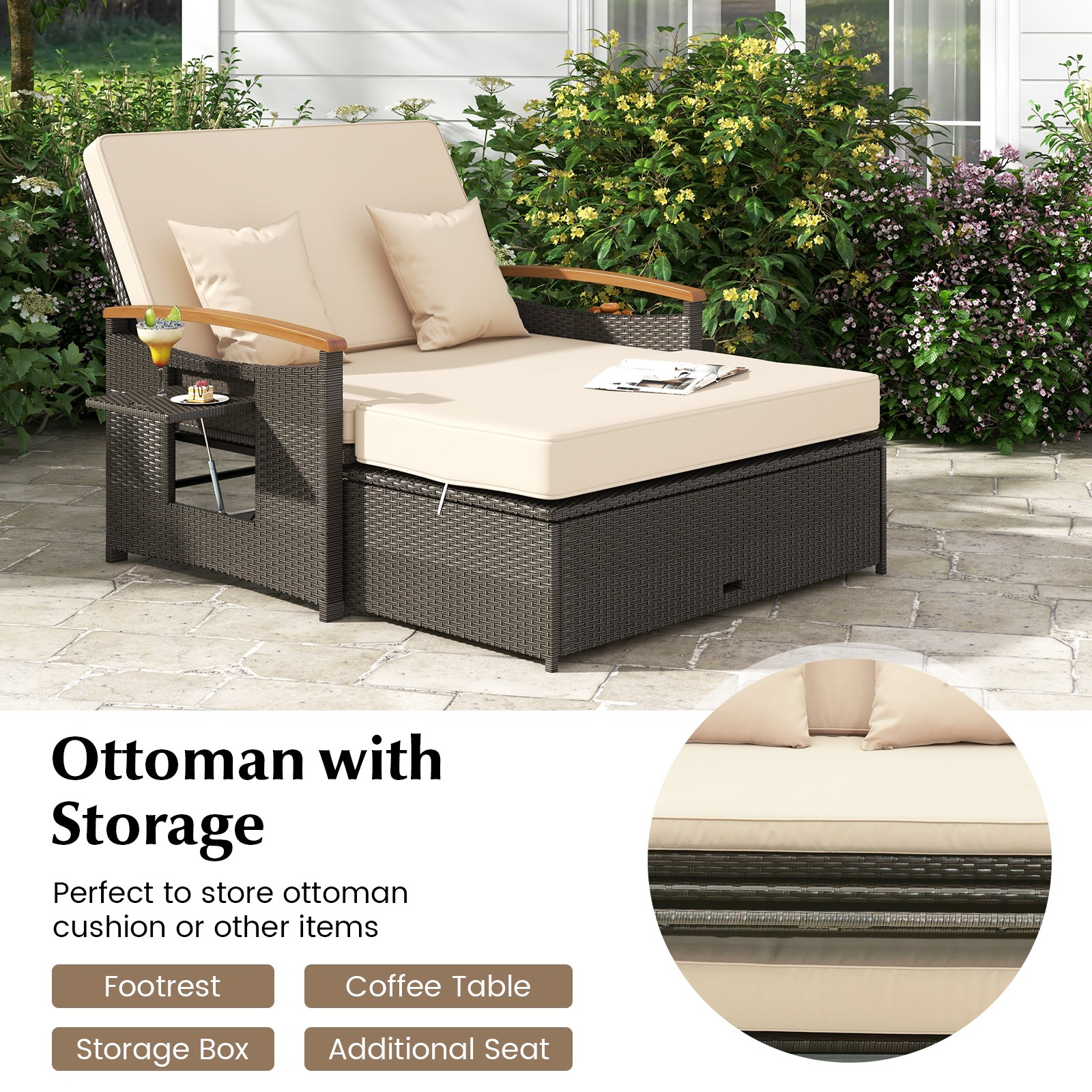 Patio Rattan Daybed Set w/Cushioned Loveseat & Storage Ottoman for Porch Beige