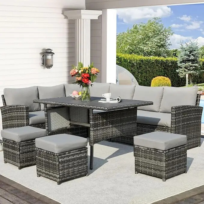 Patio Furniture Set, 7 Pieces Outdoor Sofa with High Table and Chairs