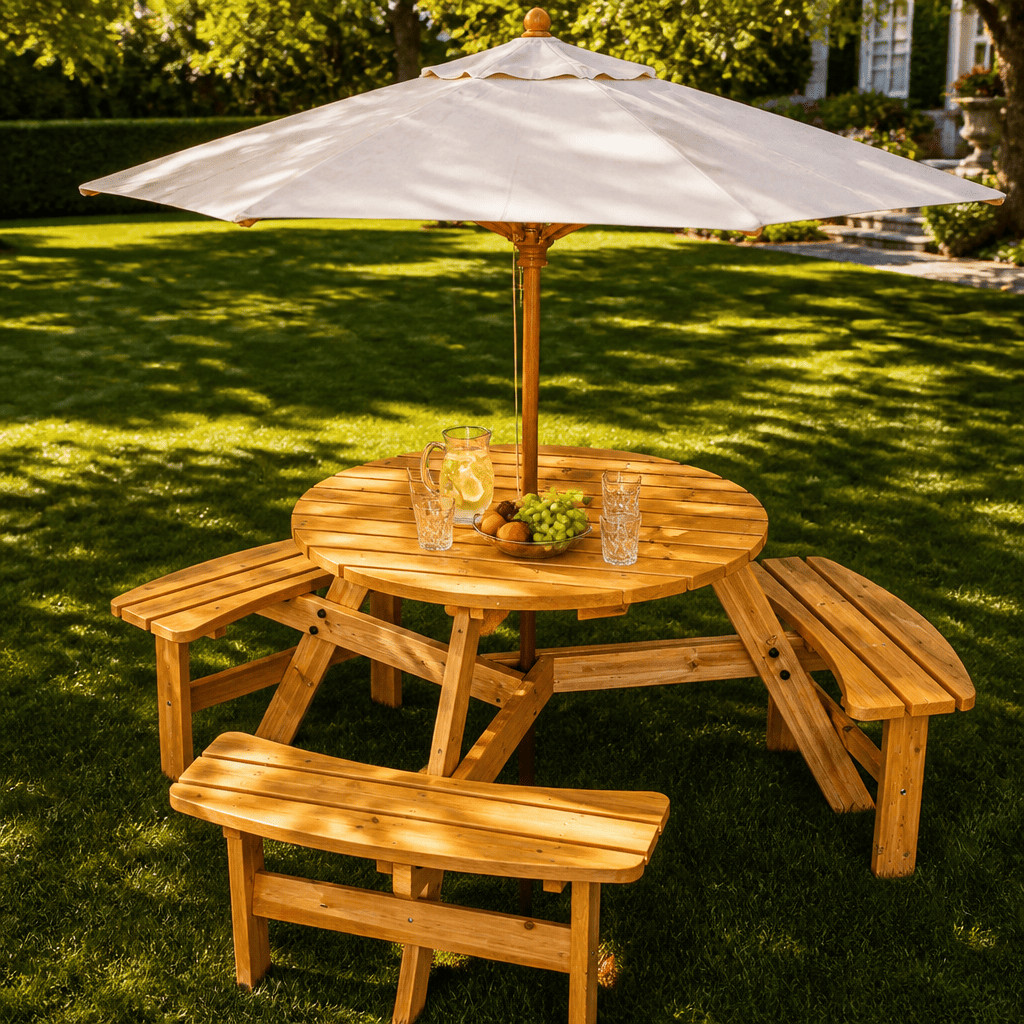 6 Person Outdoor Wooden Picnic Table Round Bench Set Patio Backyard Garden Table
