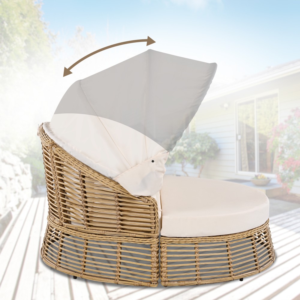 Rattan Round Daybed w/ Retractable Canopy – Outdoor Poolside Sunbed w/ Cushions