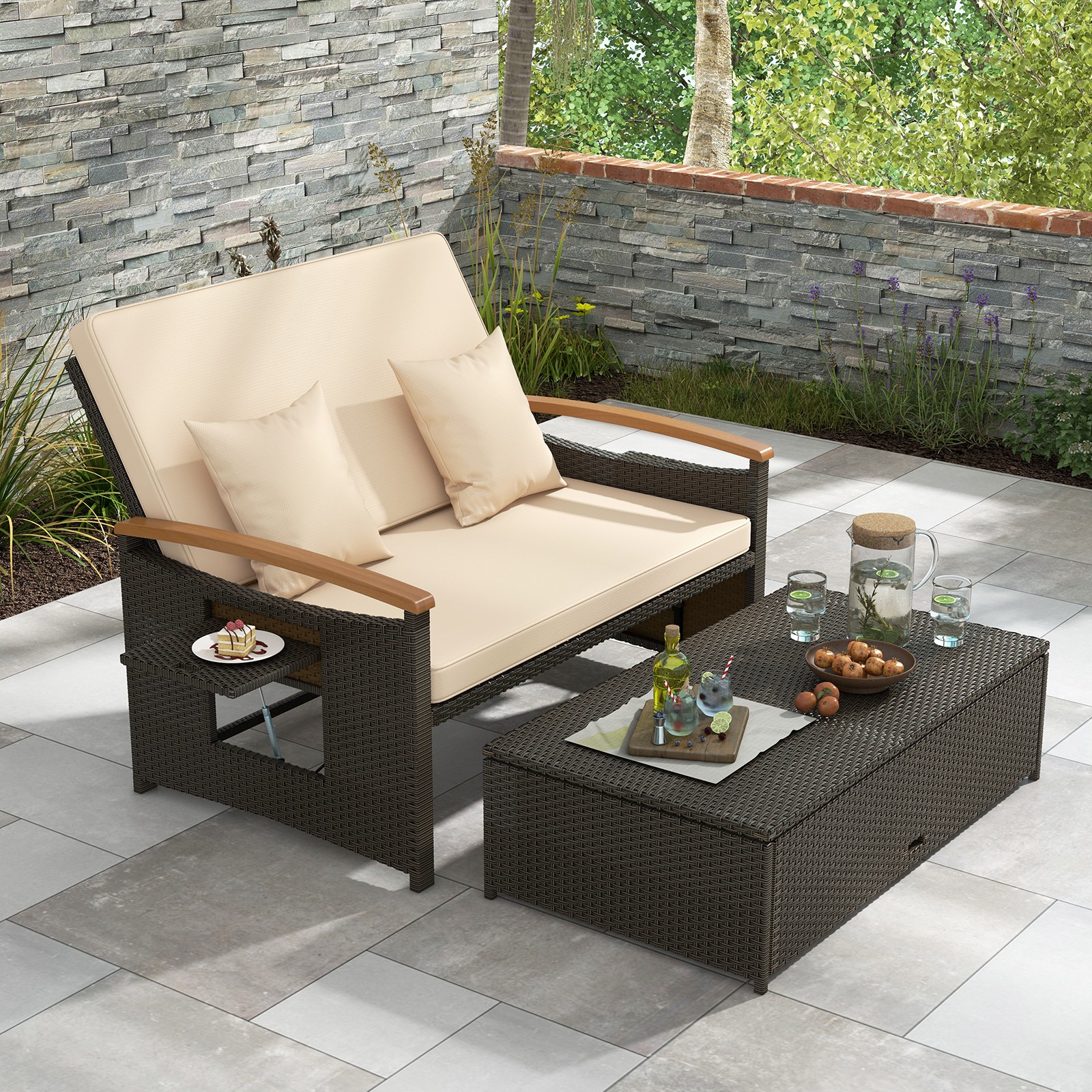Patio Rattan Daybed Set w/Cushioned Loveseat & Storage Ottoman for Porch Beige
