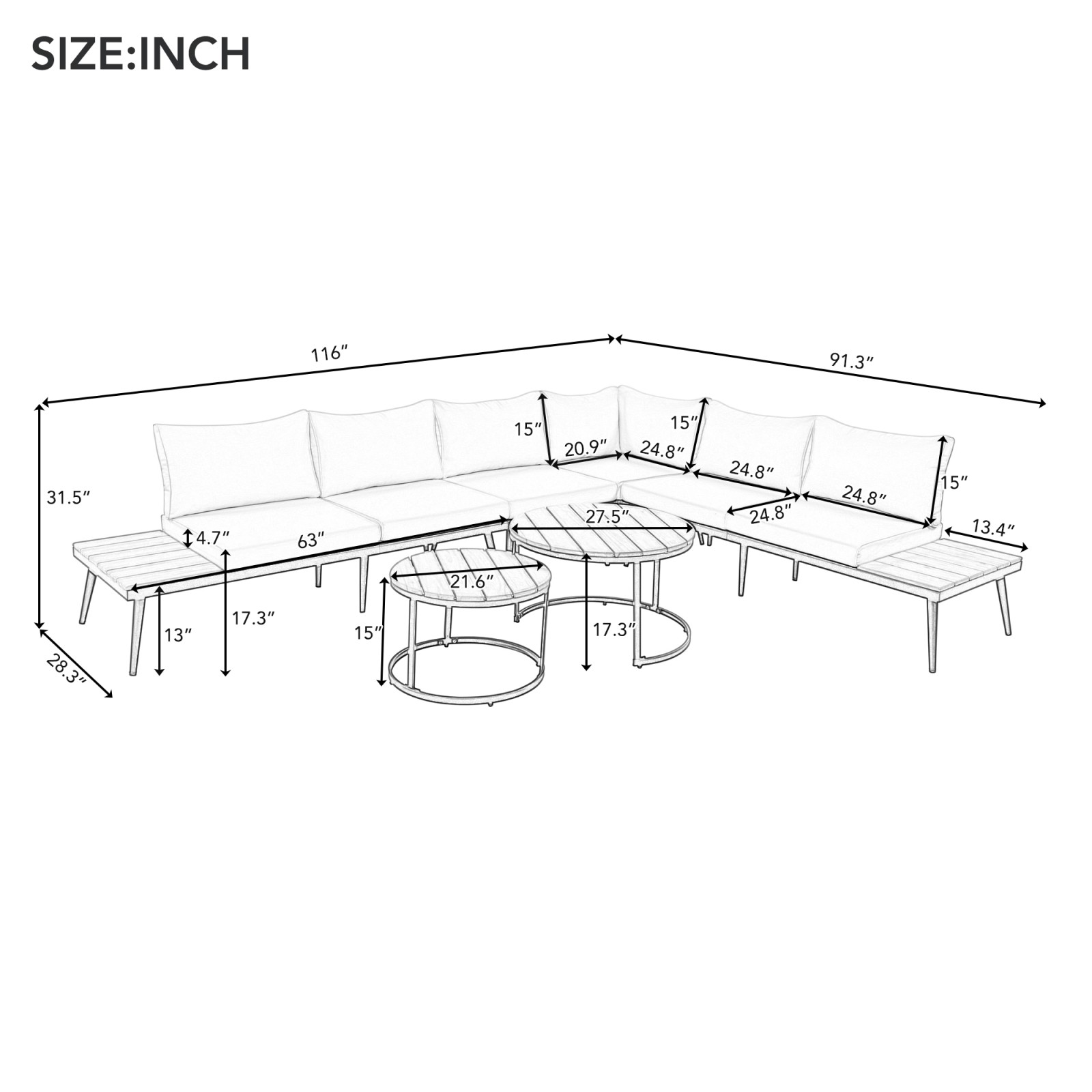 6-Piece Outdoor Sectional Sofa Set with Nesting Coffee Tables & Cushions