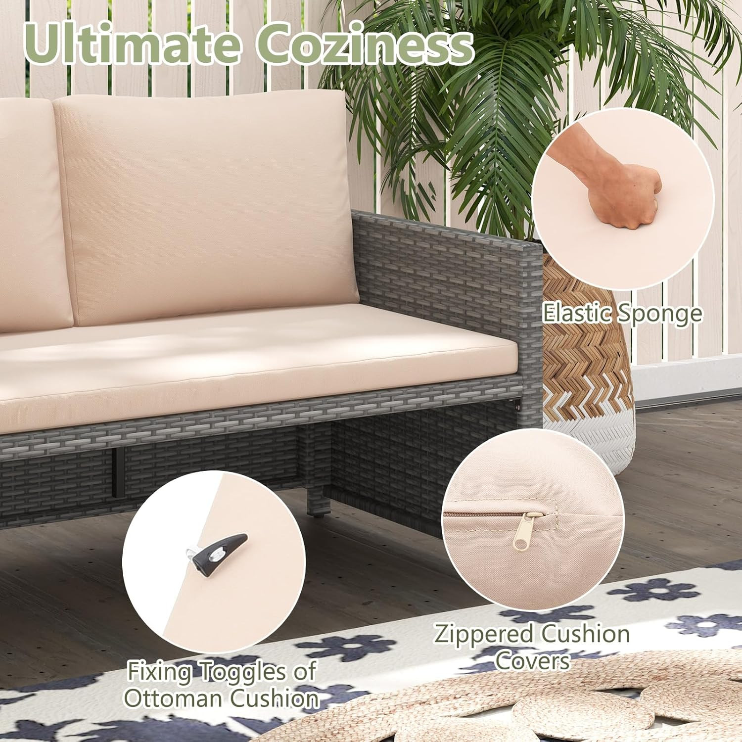Outdoor Rattan Daybed, Wicker Loveseat & 31 Gallon Storage Ottoman W/Soft Cushio