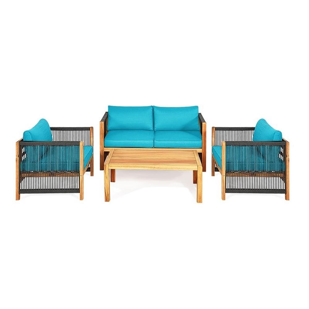 Pemberly Row 4-piece Wood & Sponge Patio Furniture Set w/ Armrest in Turquoise