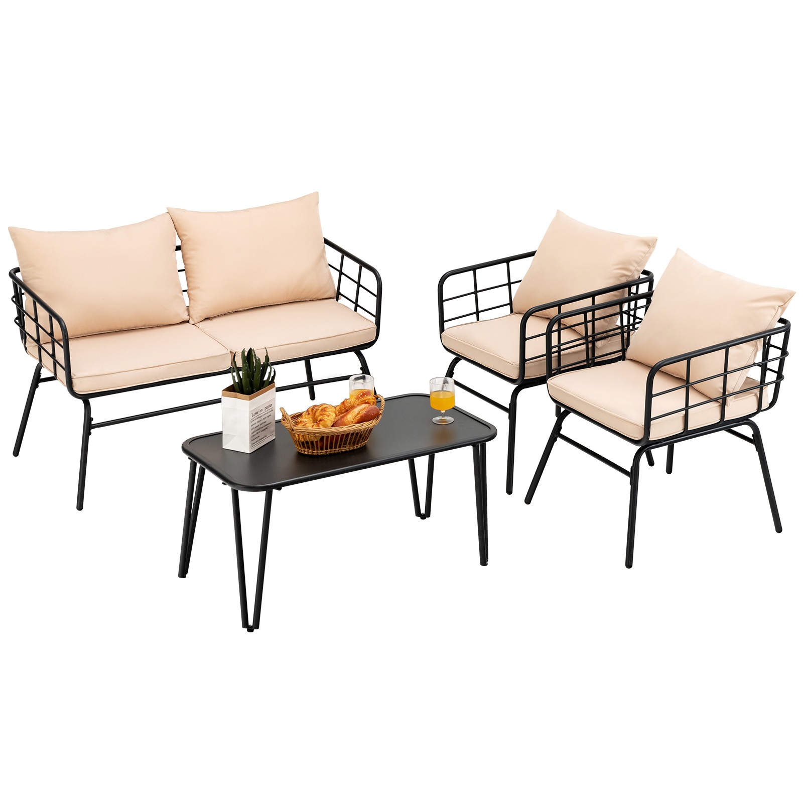 Patiojoy 4PCS Patio Furniture Set Cushioned Sofa Loveseat Armrest Table Garden