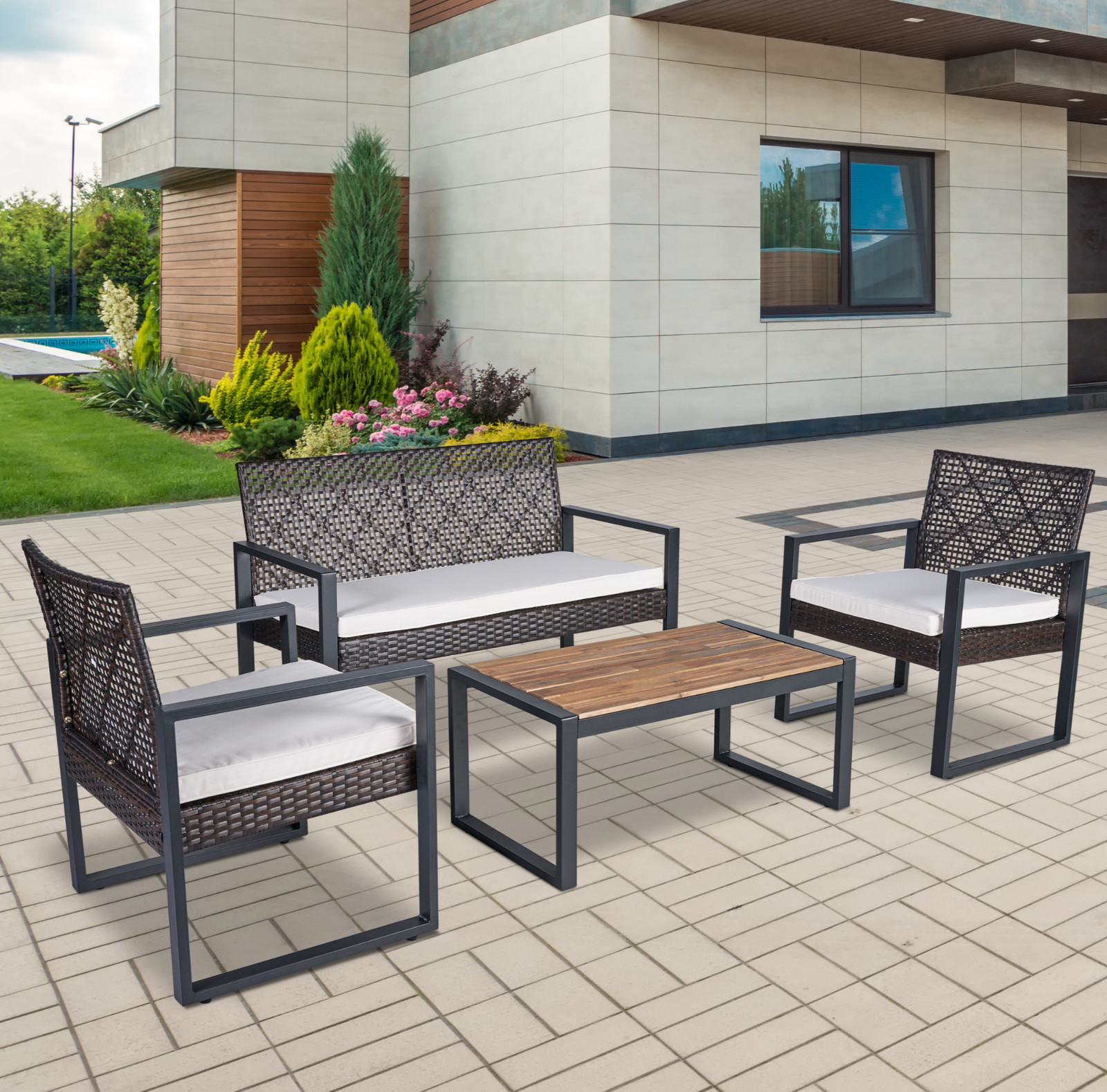 4-Piece Patio Furniture Set Acacia Wood Rattan Brown Beige Outdoor Sofa Set