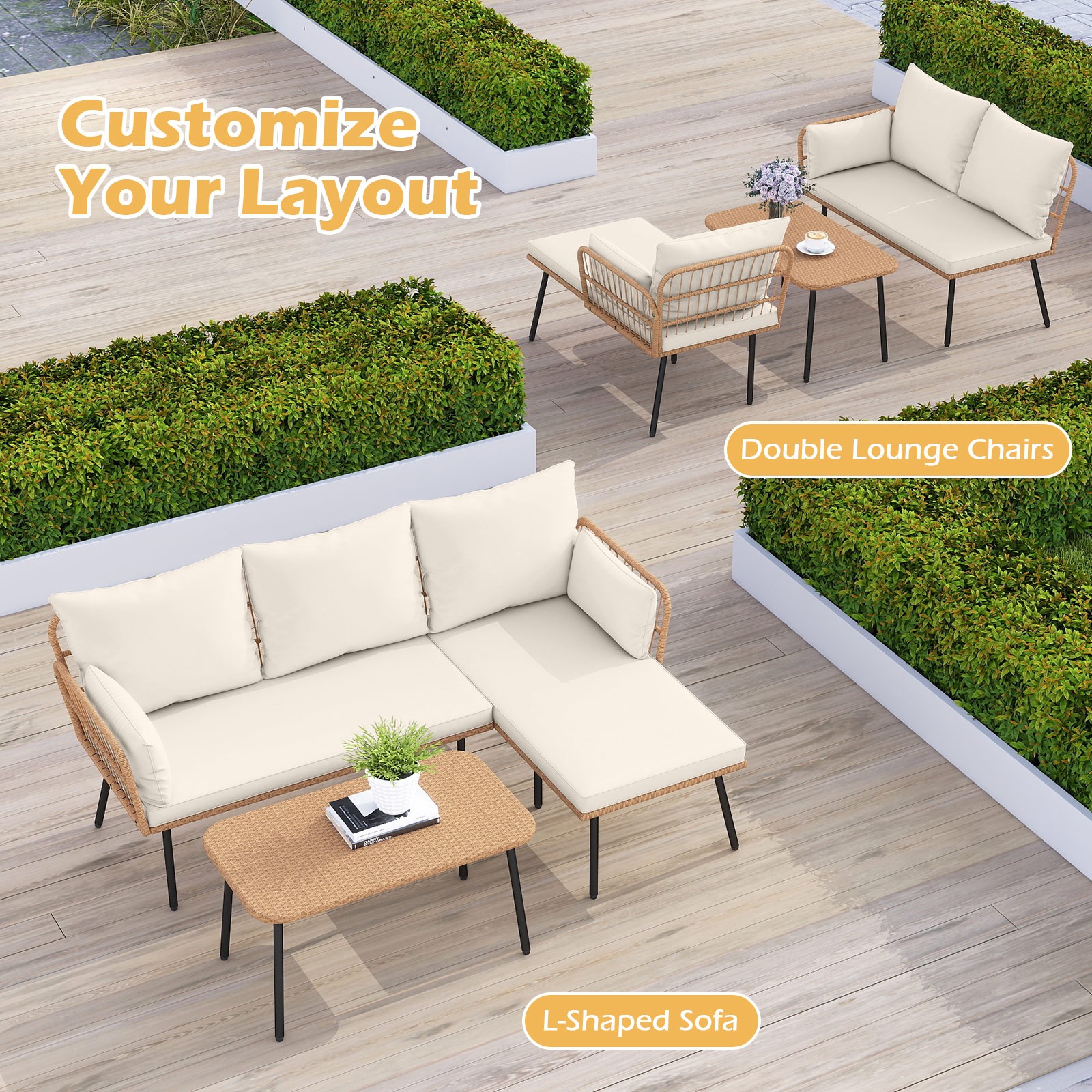 3 Pieces L-Shaped Patio Furniture Set with Coffee Table, Removable Cushions