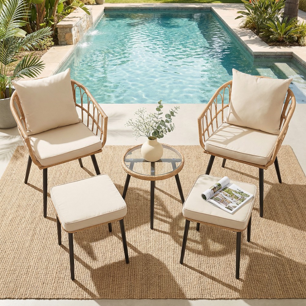 All-Weather 5 PCS Patio Furniture Bistro Set,2 Armchair&2 Ottoman&1 Coffee Table