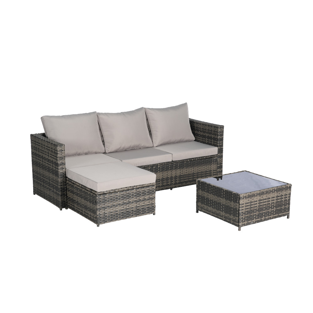 Outdoor Wicker Sectional Sofa Set with Ottoman, Light Gray, Seats 4
