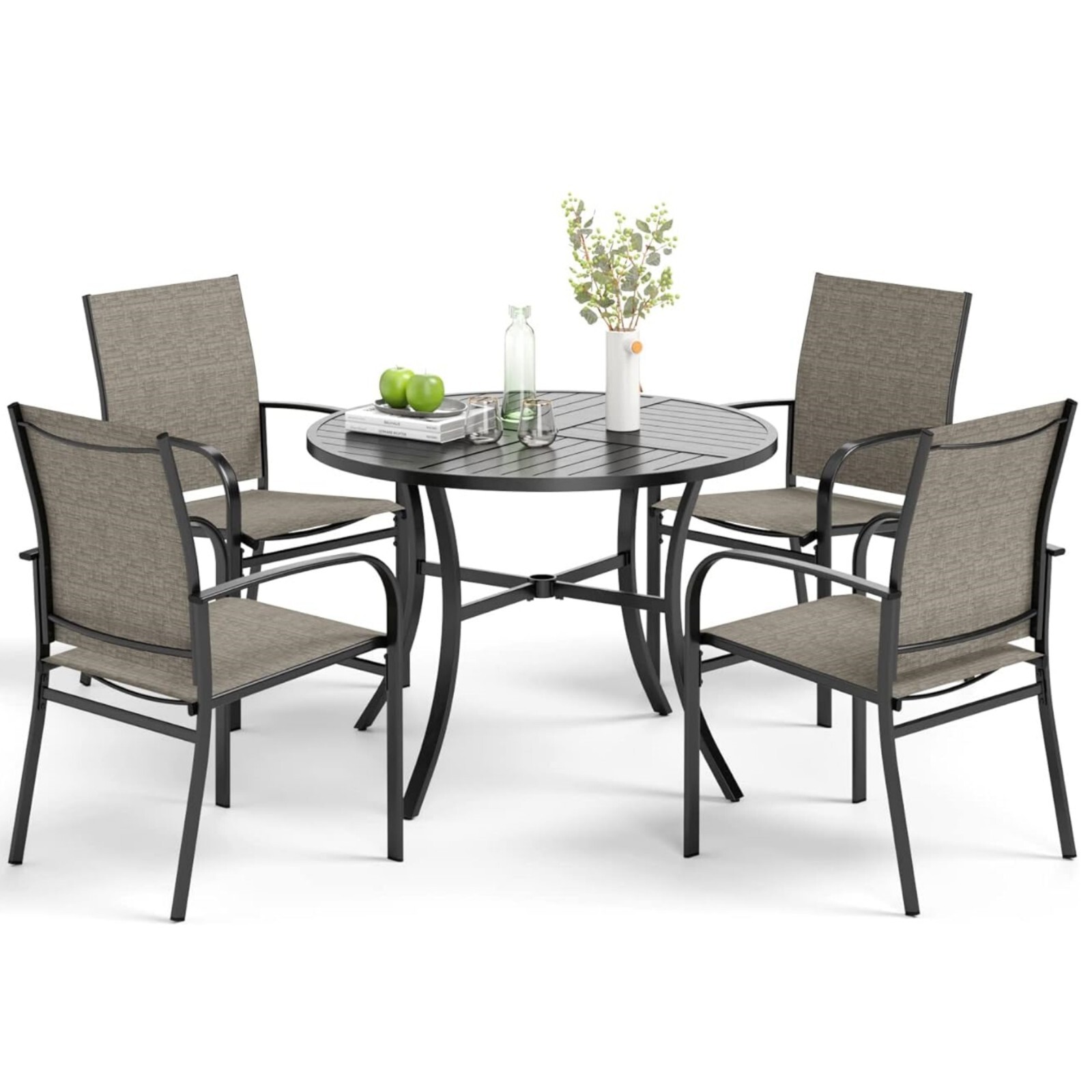 5 Piece Outdoor Dining Set Patio Table Chairs Set Round Table w/ Umbrella Hole