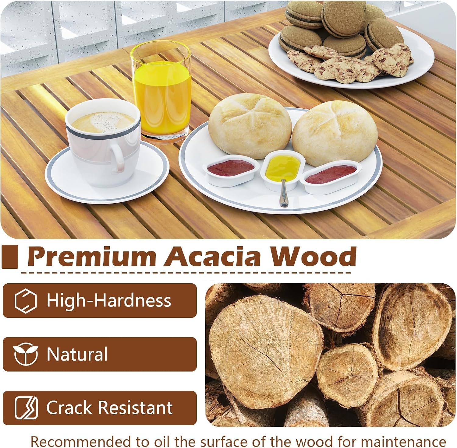 3 Piece Patio Bar Table & Chairs Outdoor Acacia Wood Bar Set w/Slatted Seat