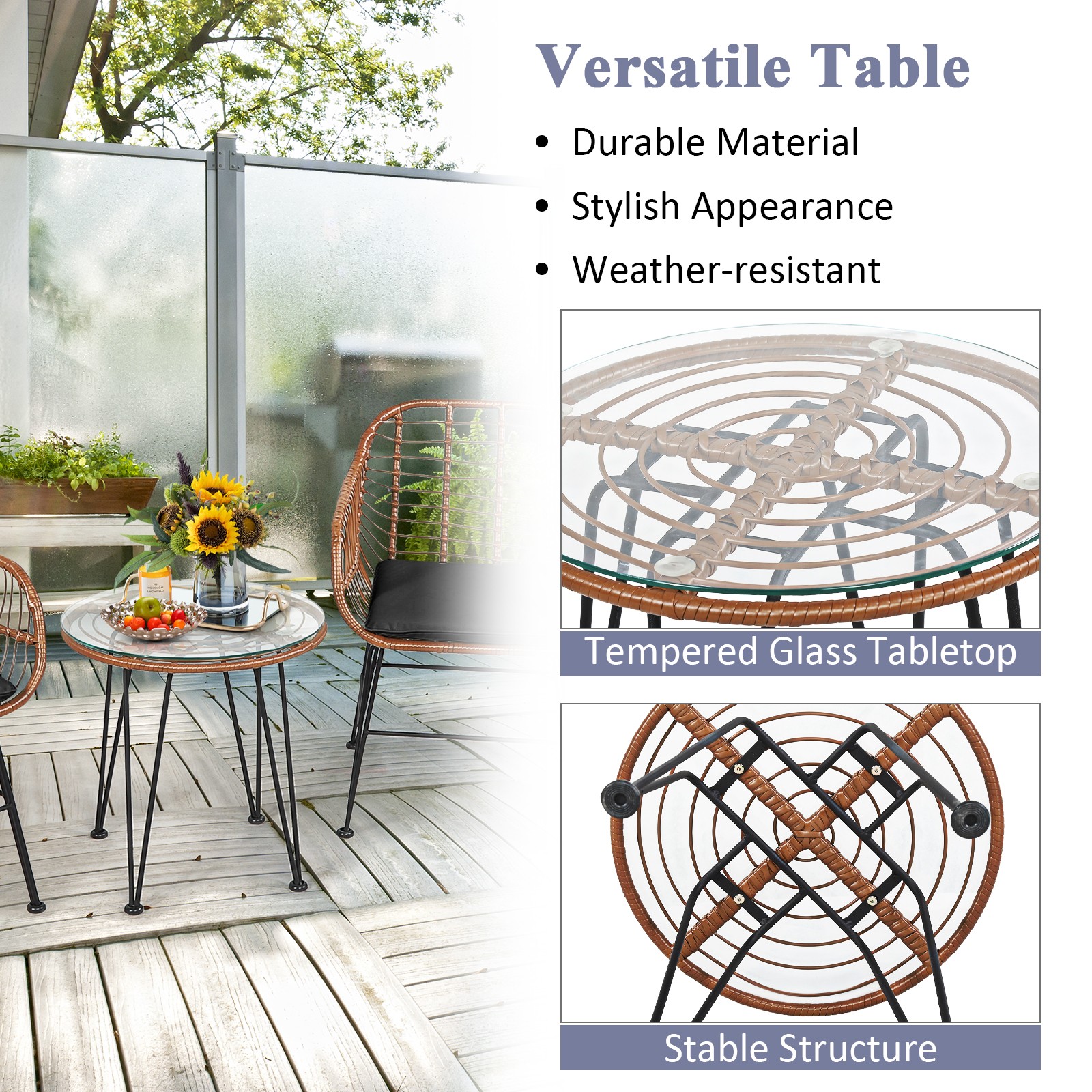 Patiojoy 3PCS Patio Rattan Bistro Set Coffee Table Armchair with Black Cushion