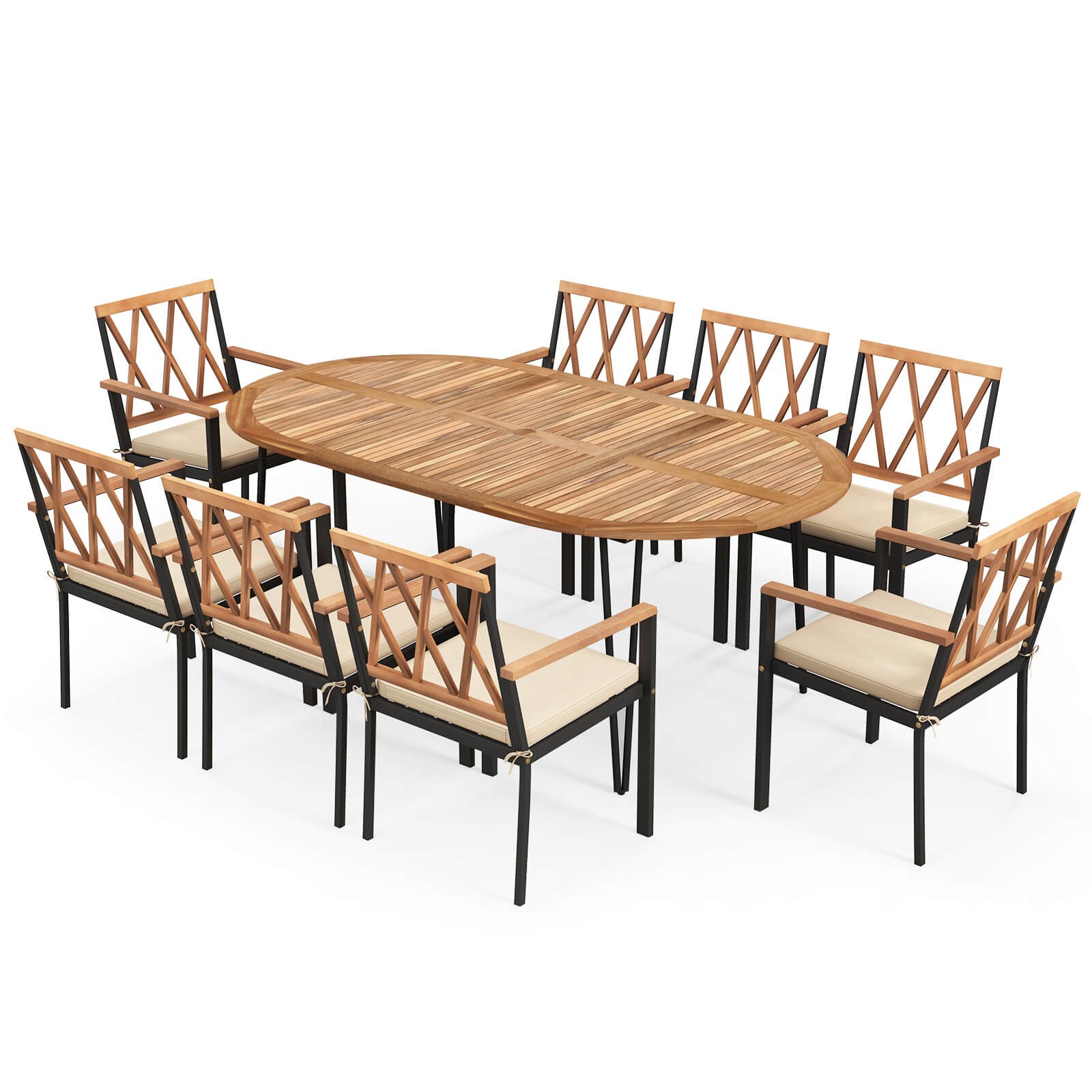 9 PCS Patio Dining Set Table with Acacia Wood Top & Umbrella Hole Metal Frame