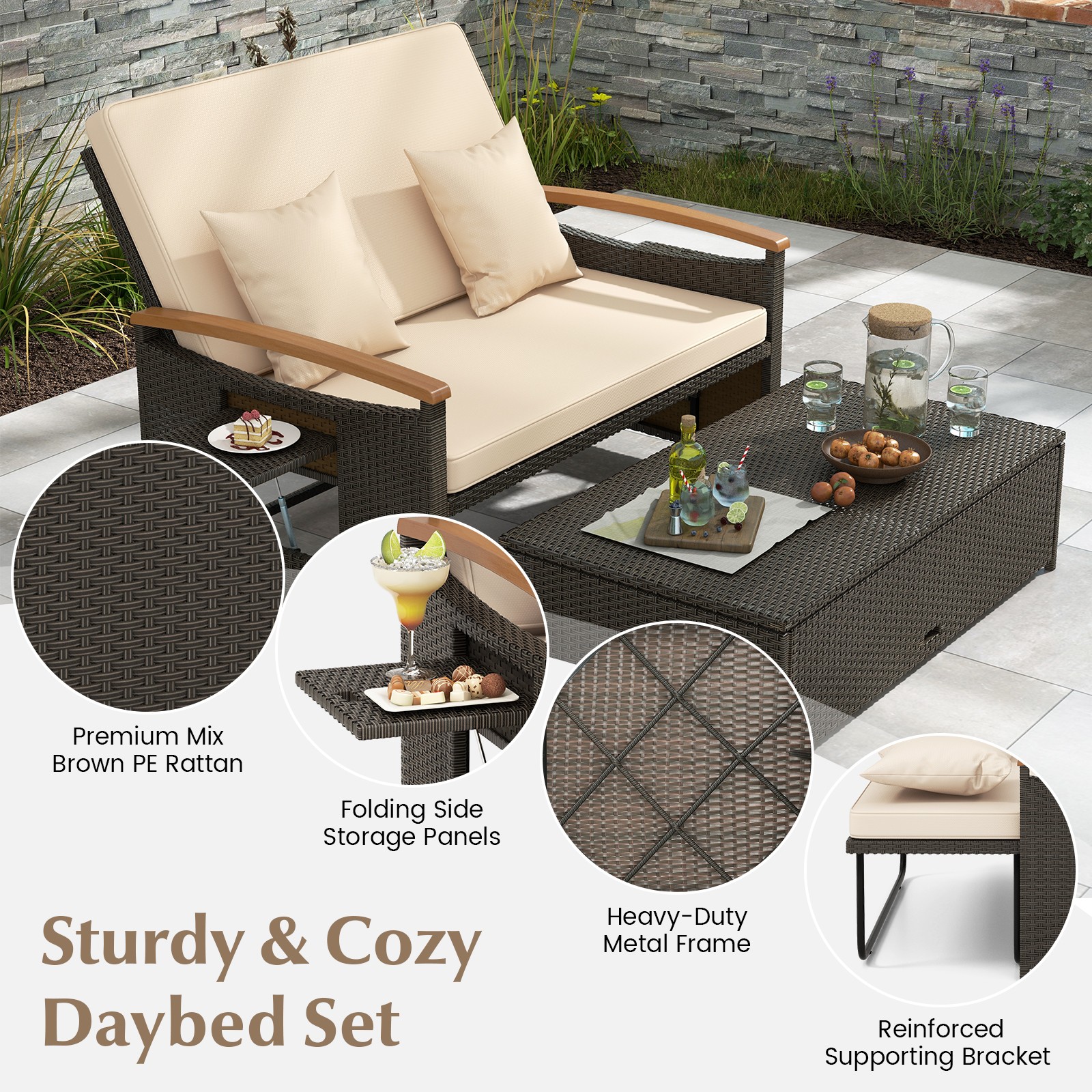 Patio Rattan Daybed Set w/Cushioned Loveseat & Storage Ottoman for Porch Beige