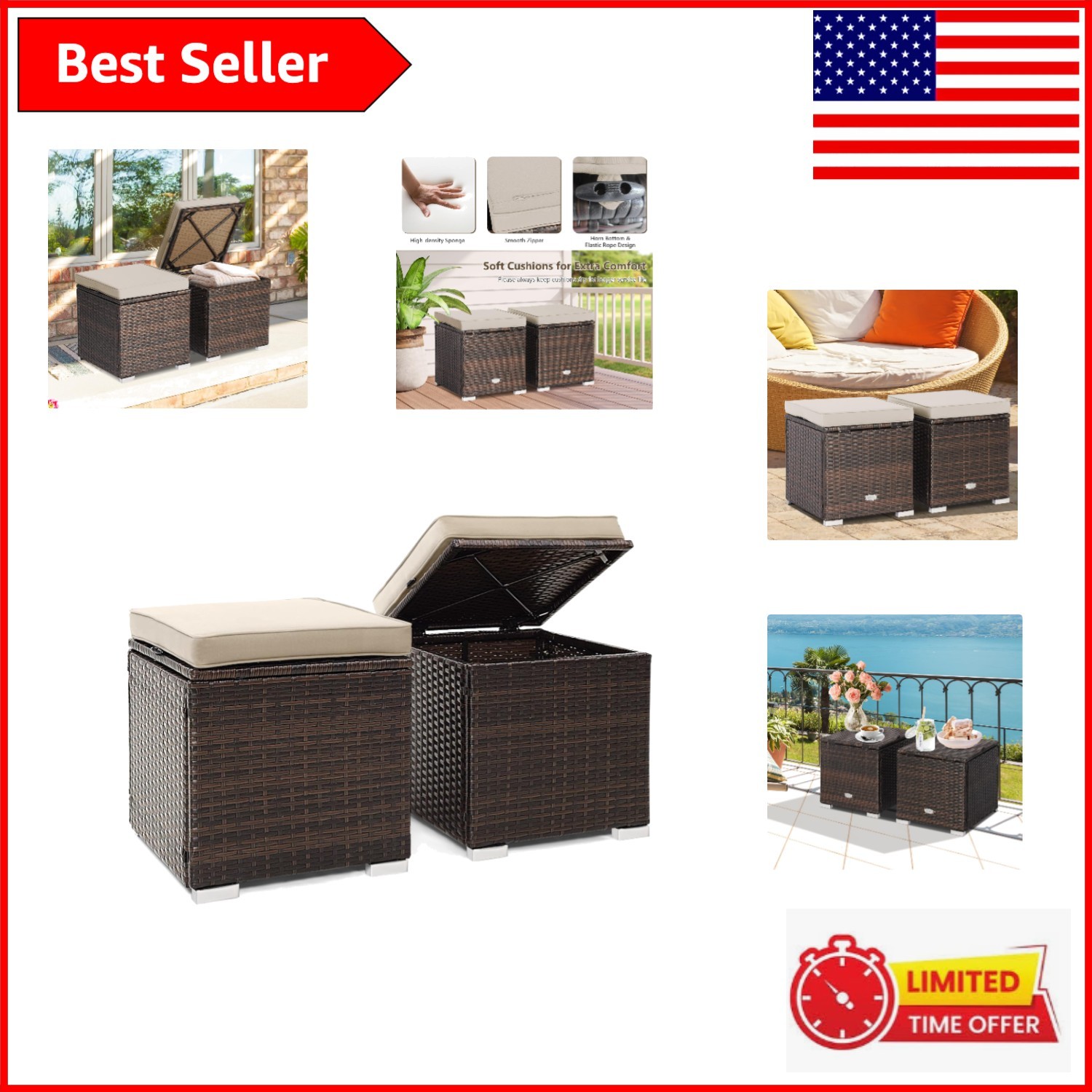 Comfortable Outdoor Ottomans – Durable Rattan with Hidden Storage & Cushions