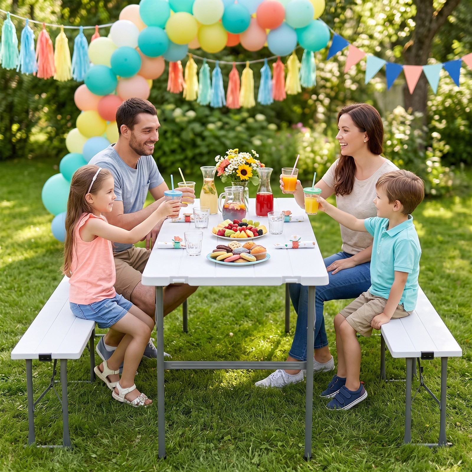 5.8FT Portable Picnic Table with 2 Foldable Benches Rust Resistant Frame Table