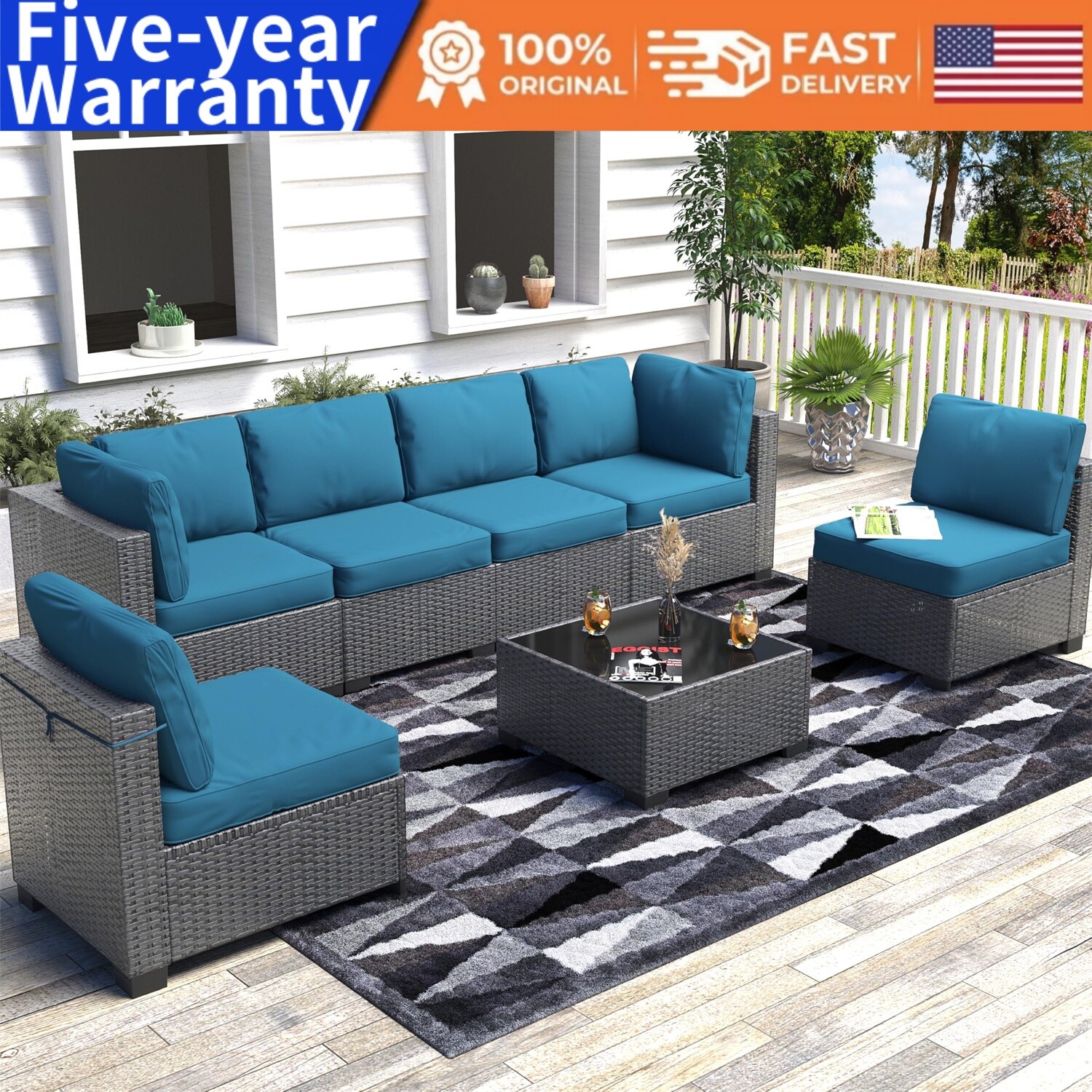 ☑️7-Piece Outdoor Patio Furniture Set PE Rattan Wicker Sectional Modular Sofa Se