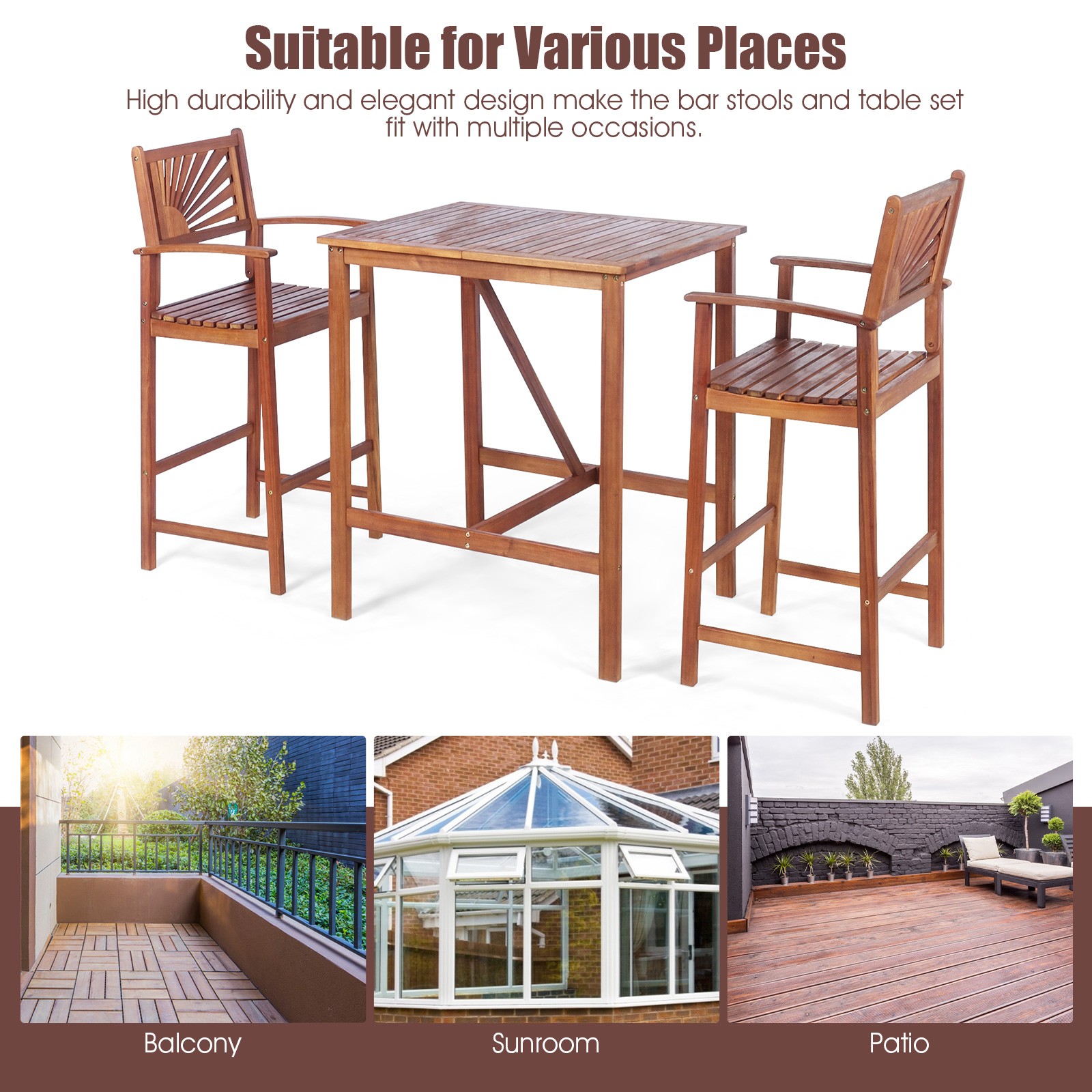 Costway 3PCS Bar Set Acacia Wood Bar Height Patio Bistro Dining Set Outdoor