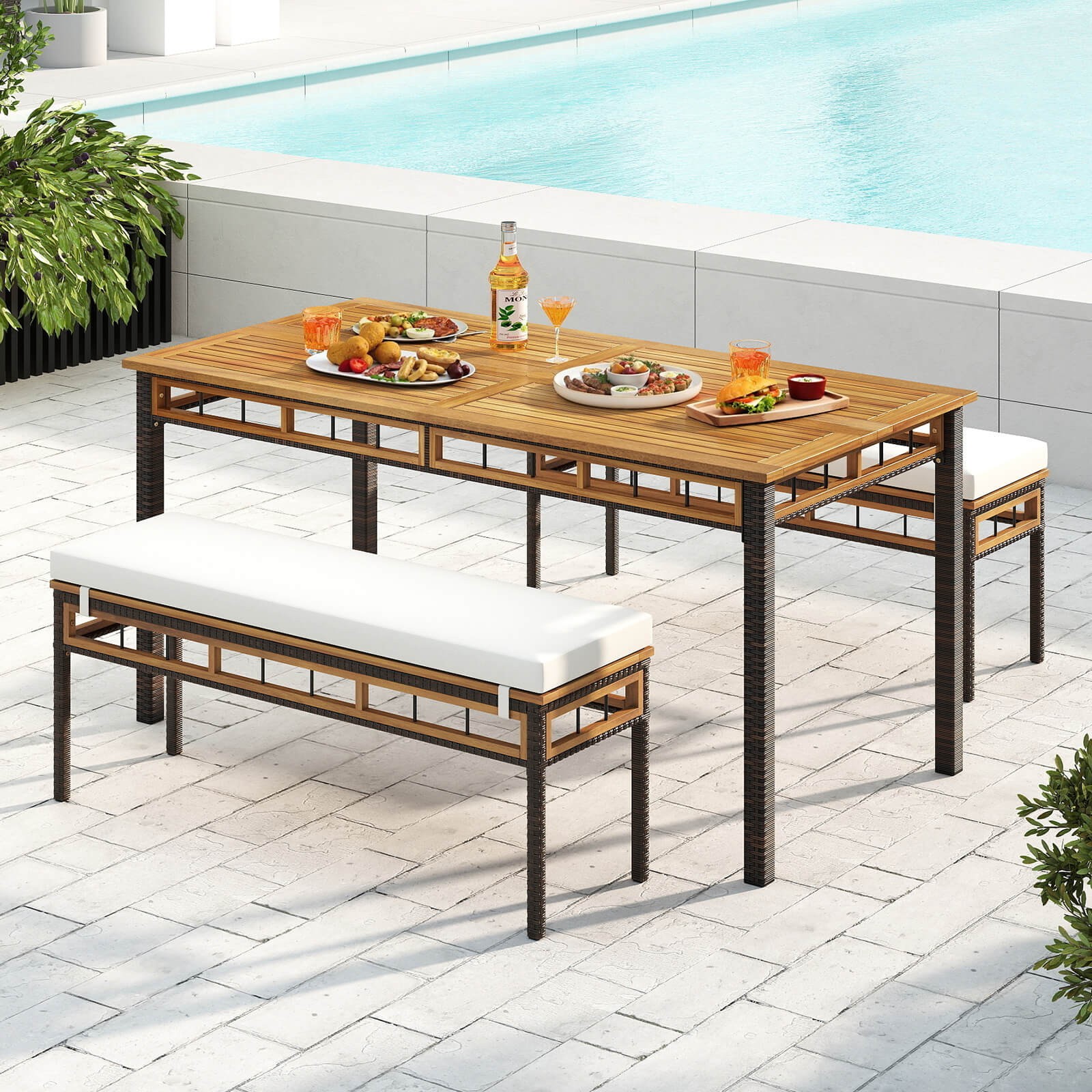 3 PCS Acacia Wood Patio Dining Set w/1.97″ Umbrella Hole & Cushions for Garden
