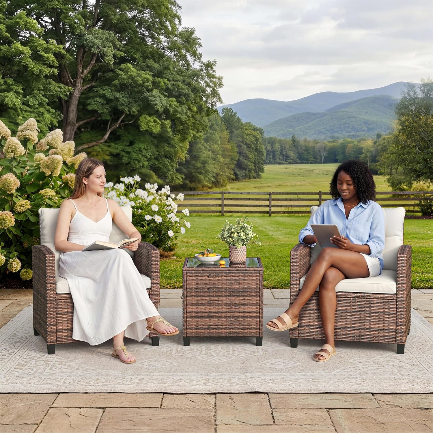 3 PCS Patio Furniture Set Outdoor Rattan Wicker Sofa w/ Cushions and Glass Table