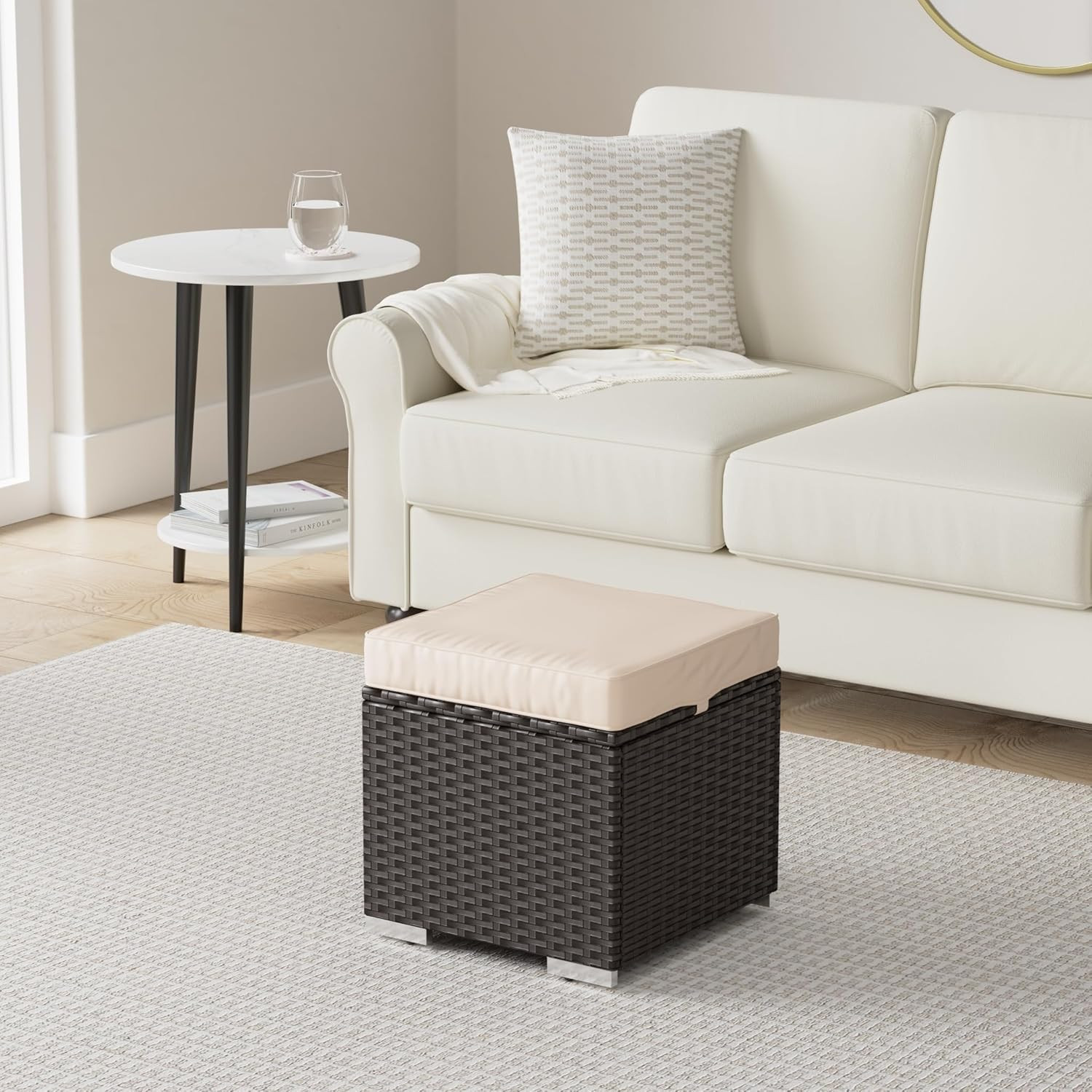 Set of 2 Wicker Ottomans, Multipurpose Outdoor Furniture for Patio, Backyard, Ad