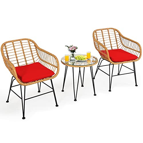 3 Pieces Patio Bistro Set, Rattan Conversation Set with Brownish Yellow – Red