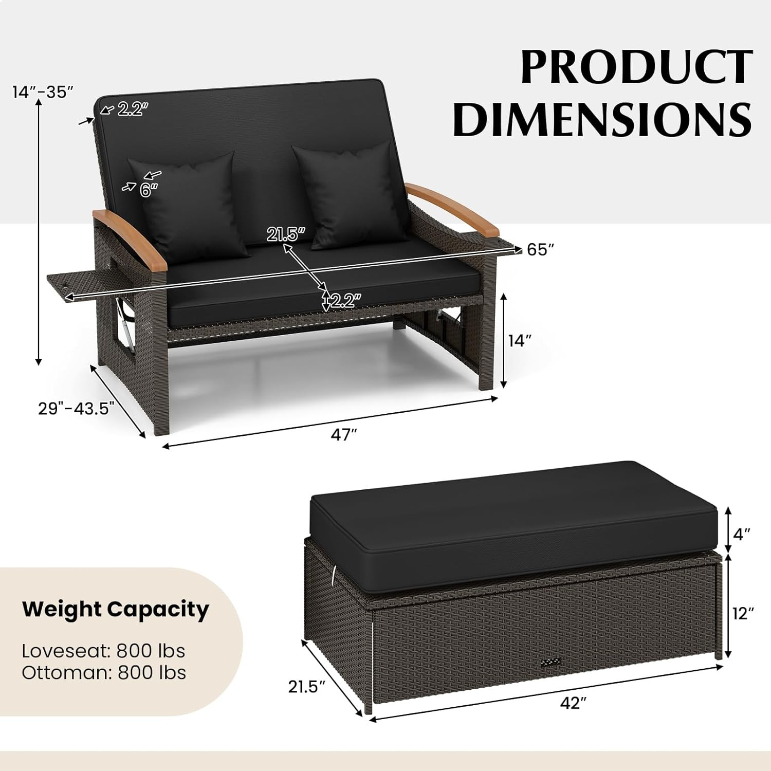 Adjustable Rattan Daybed with Storage Ottoman & Acacia Wood Armrests – Black