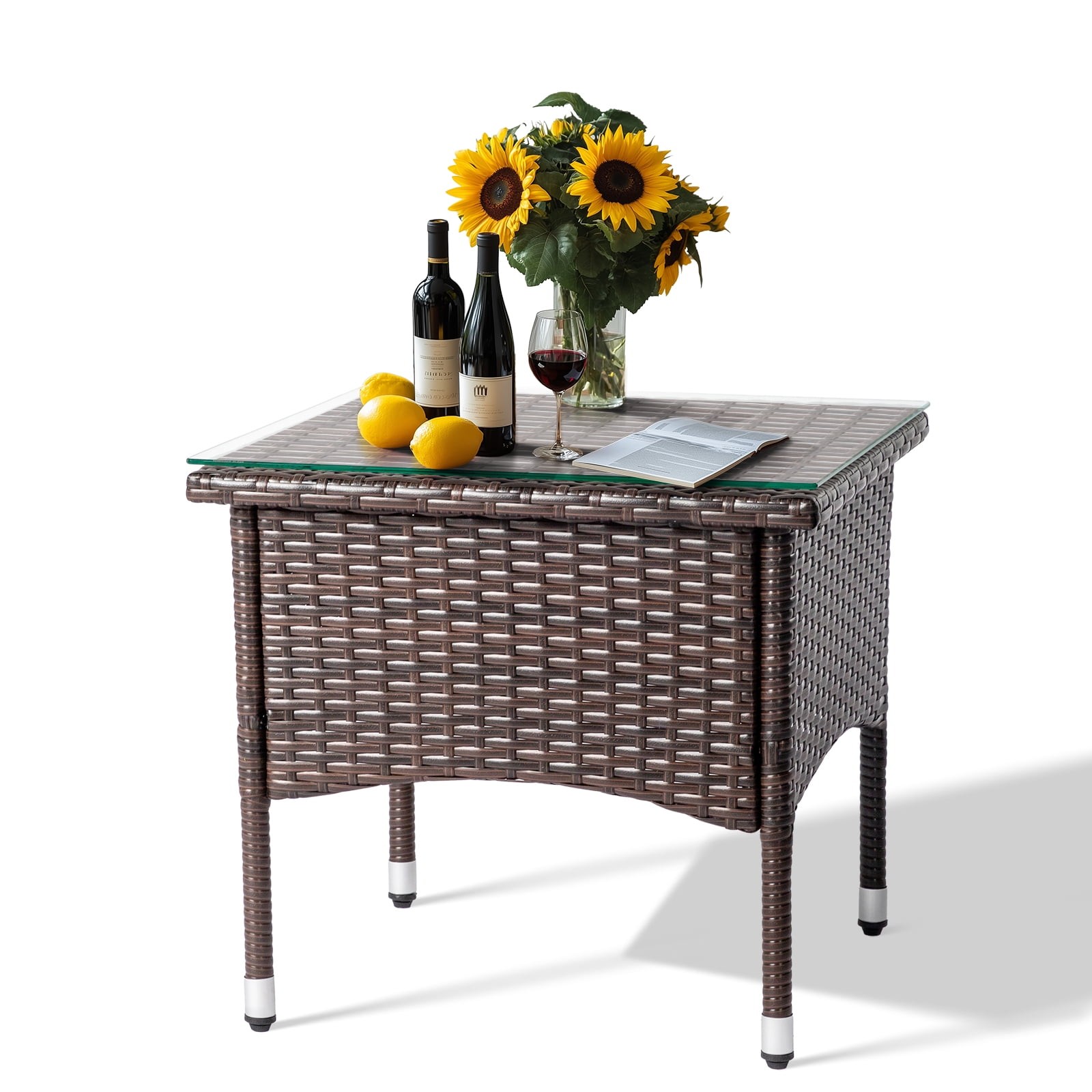 20″ Patio Side Table Handwoven Rattan W/ Glass Top All-Weather Easy to Clean