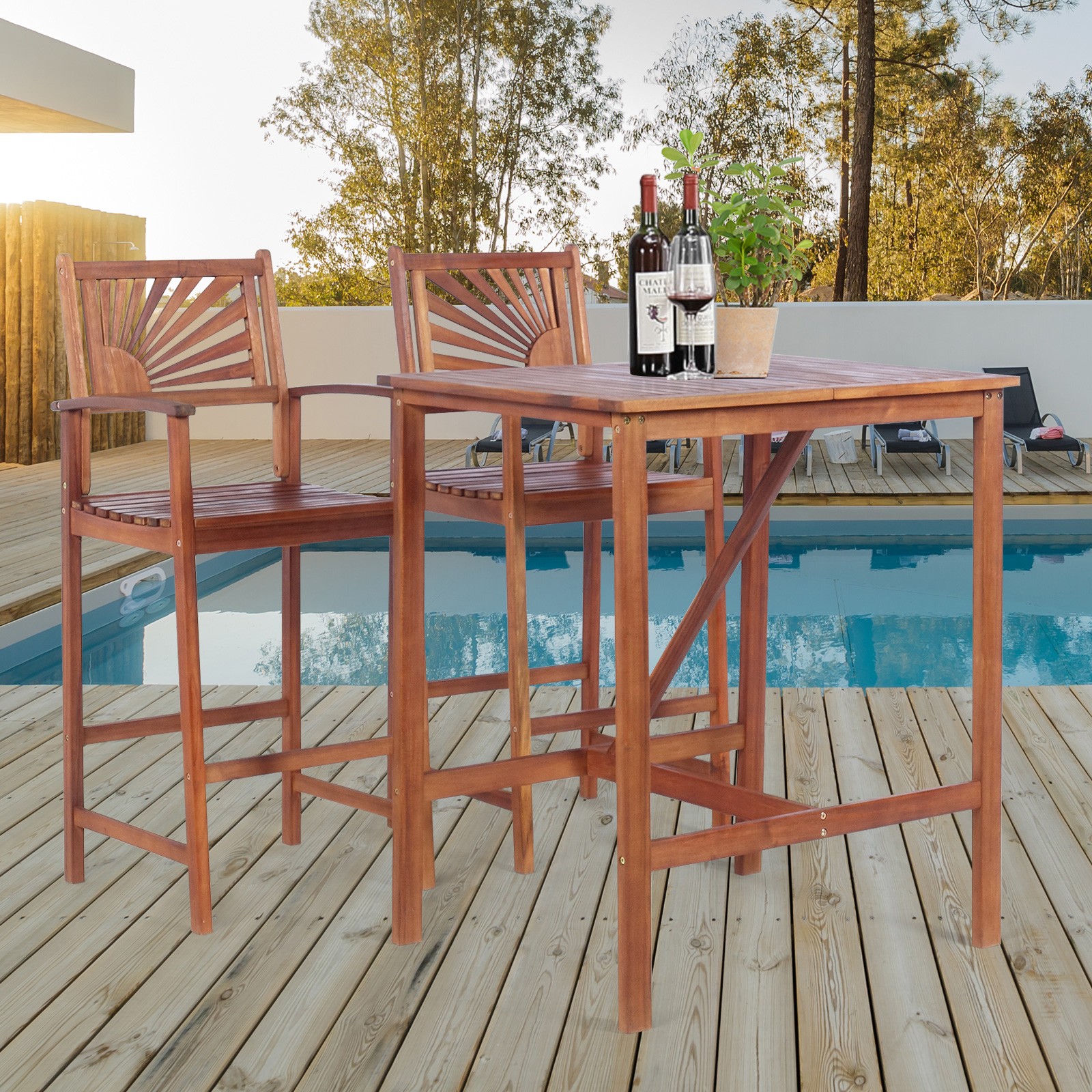Costway 3PCS Bar Set Acacia Wood Bar Height Patio Bistro Dining Set Outdoor