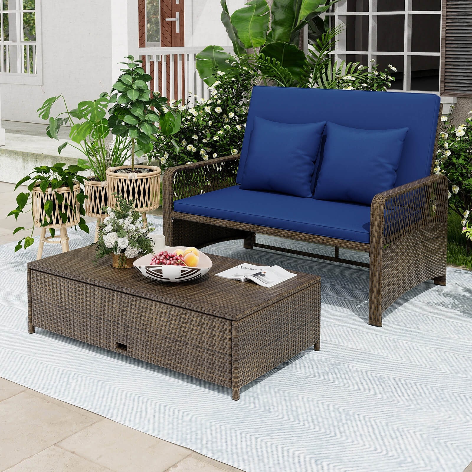Patio Rattan Daybed Wicker Loveseat Sofa with Multifunctional Ottoman