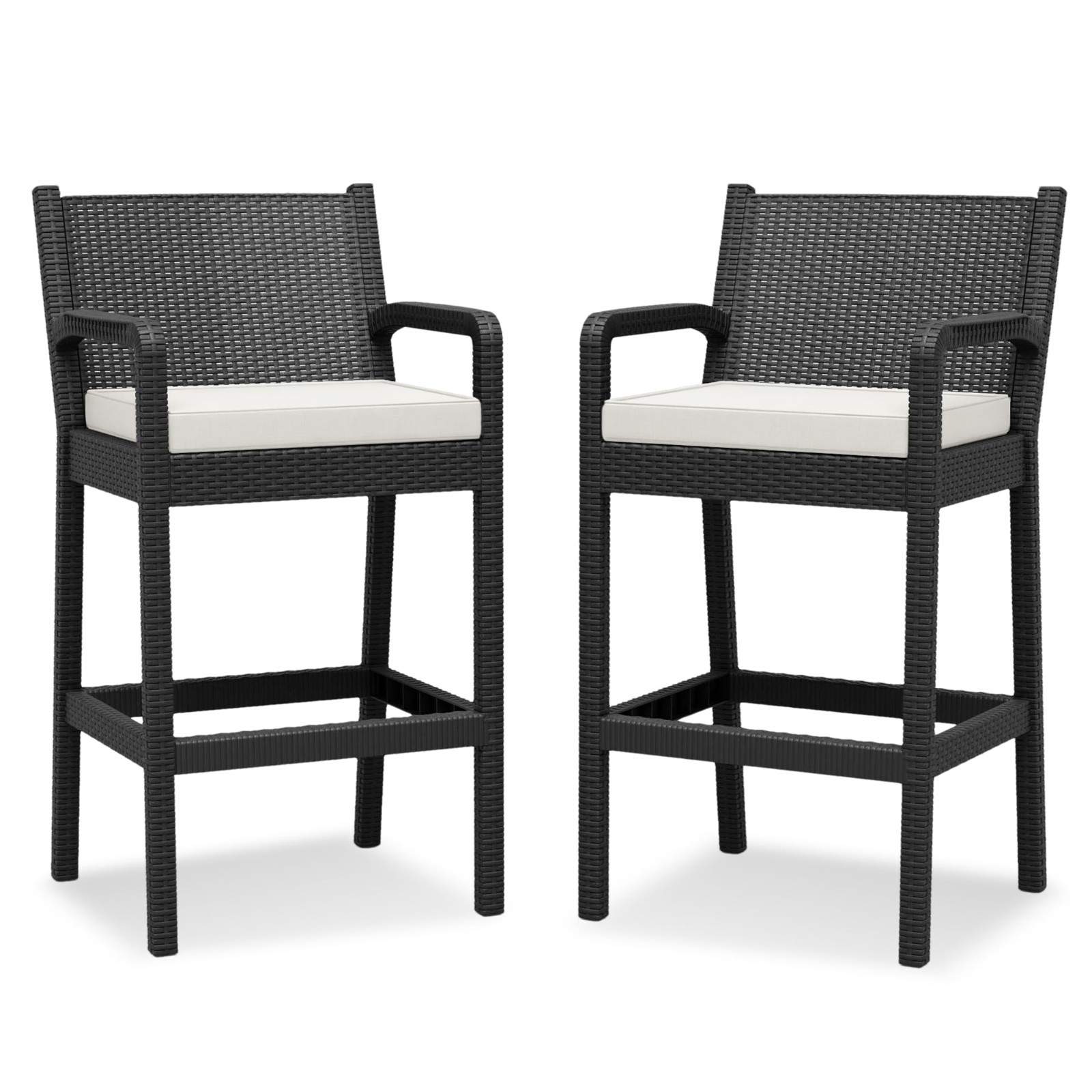 2 Patio Rattan Bar Stools Set Outdoor Wicker Bar Height Chairs Armrest Cushion