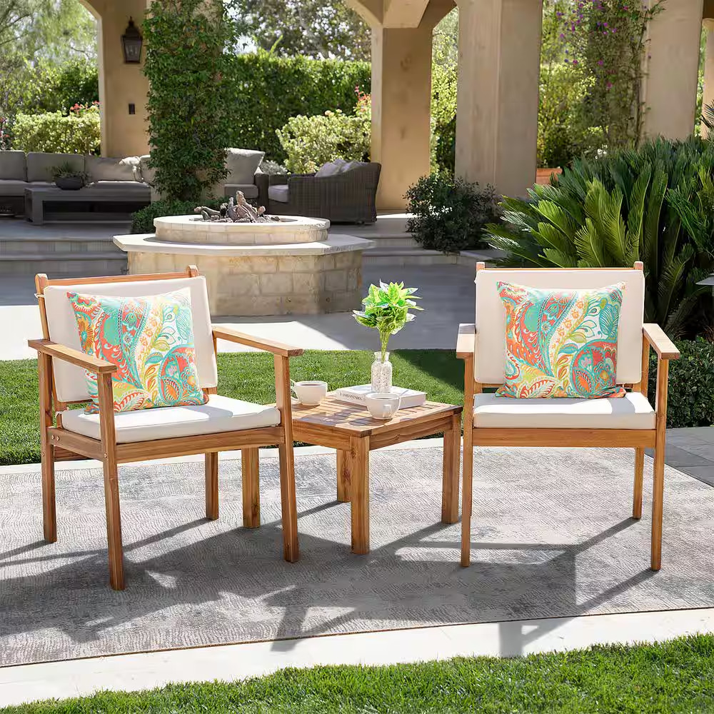 Chillrest 3-Piece Acacia Wood Patio Conversation Set with Cream Cushion