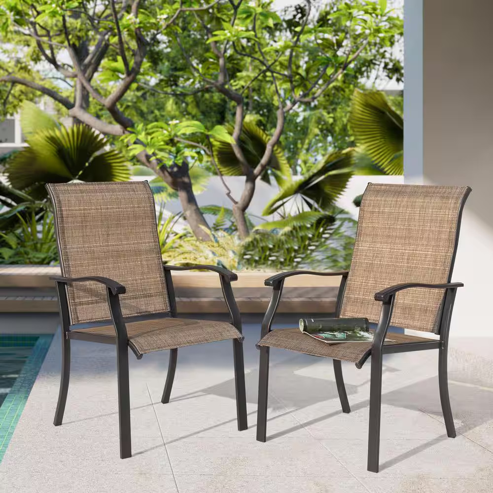 2 Pieces Brown Outdoor Indoor Textilene Dining Chairs