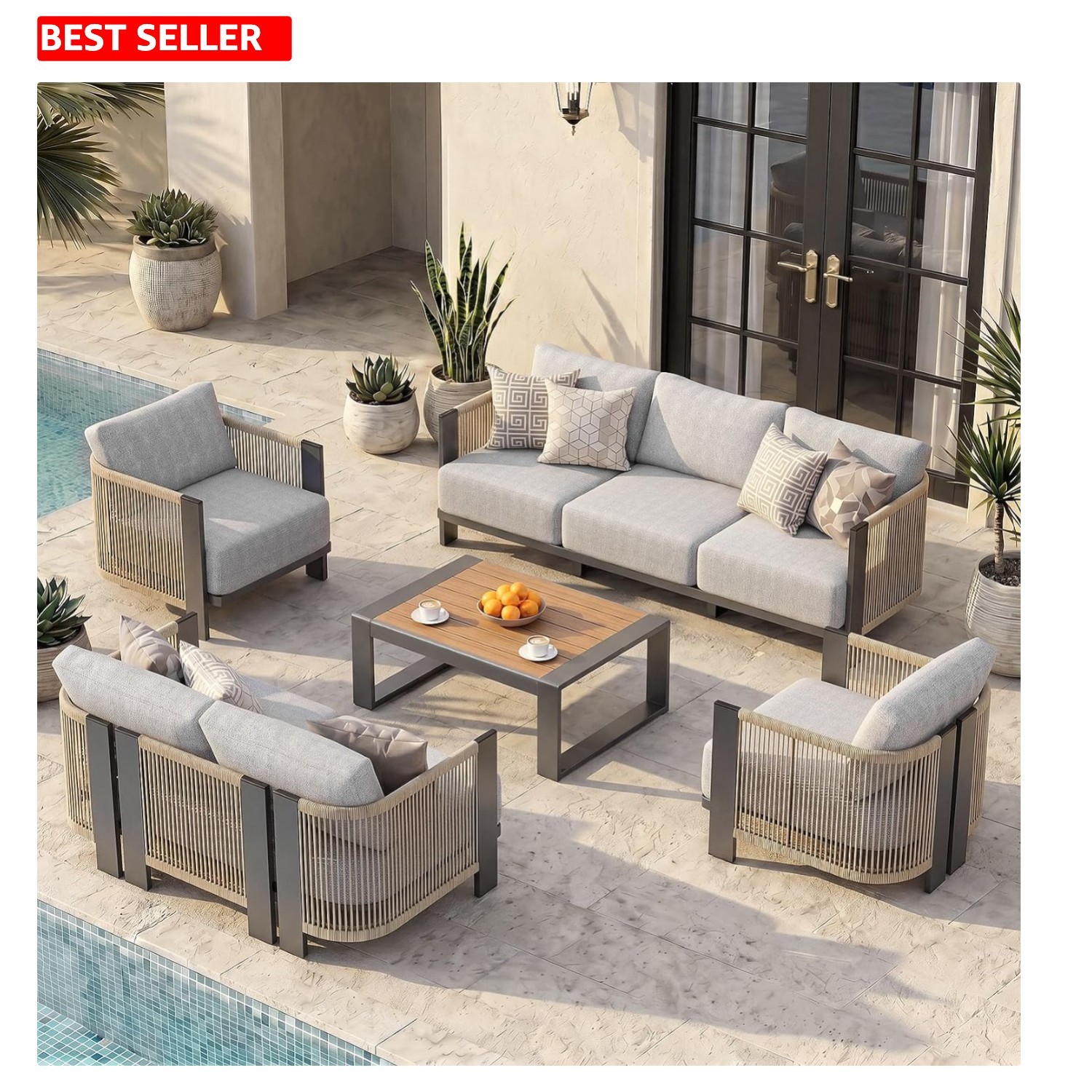 Luxury Outdoor Patio Furniture Set 5-Piece Curved with Cushions and Woven Ropes