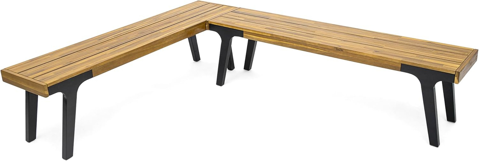 Stylish 2 Piece Outdoor Dining Set with Acacia Wood Benches and Metal Legs